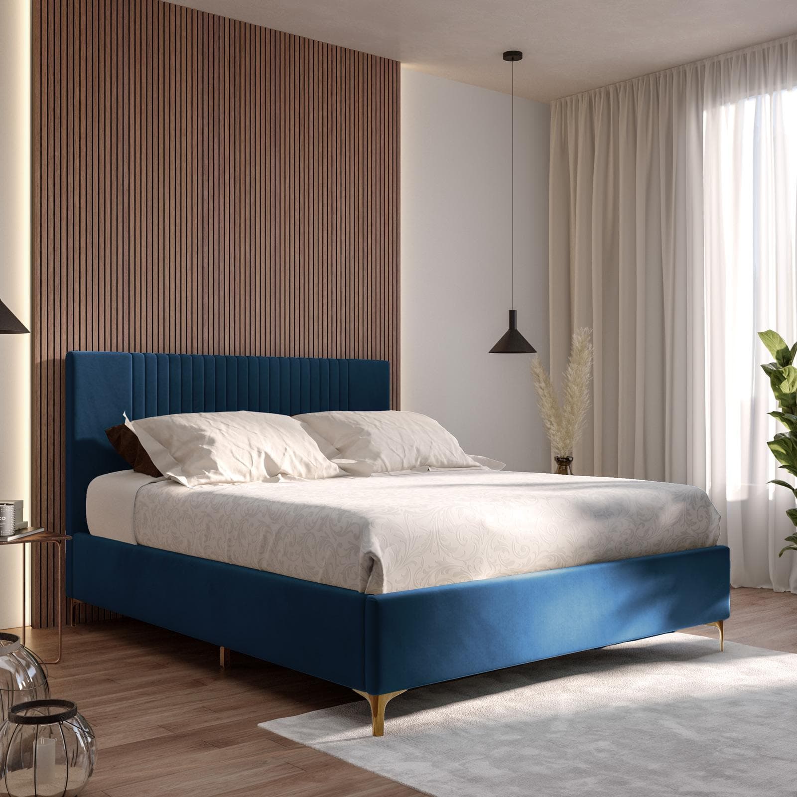 Letto matrimoniale 160x190 cm in velluto blu petrolio con contenitore - Maverick