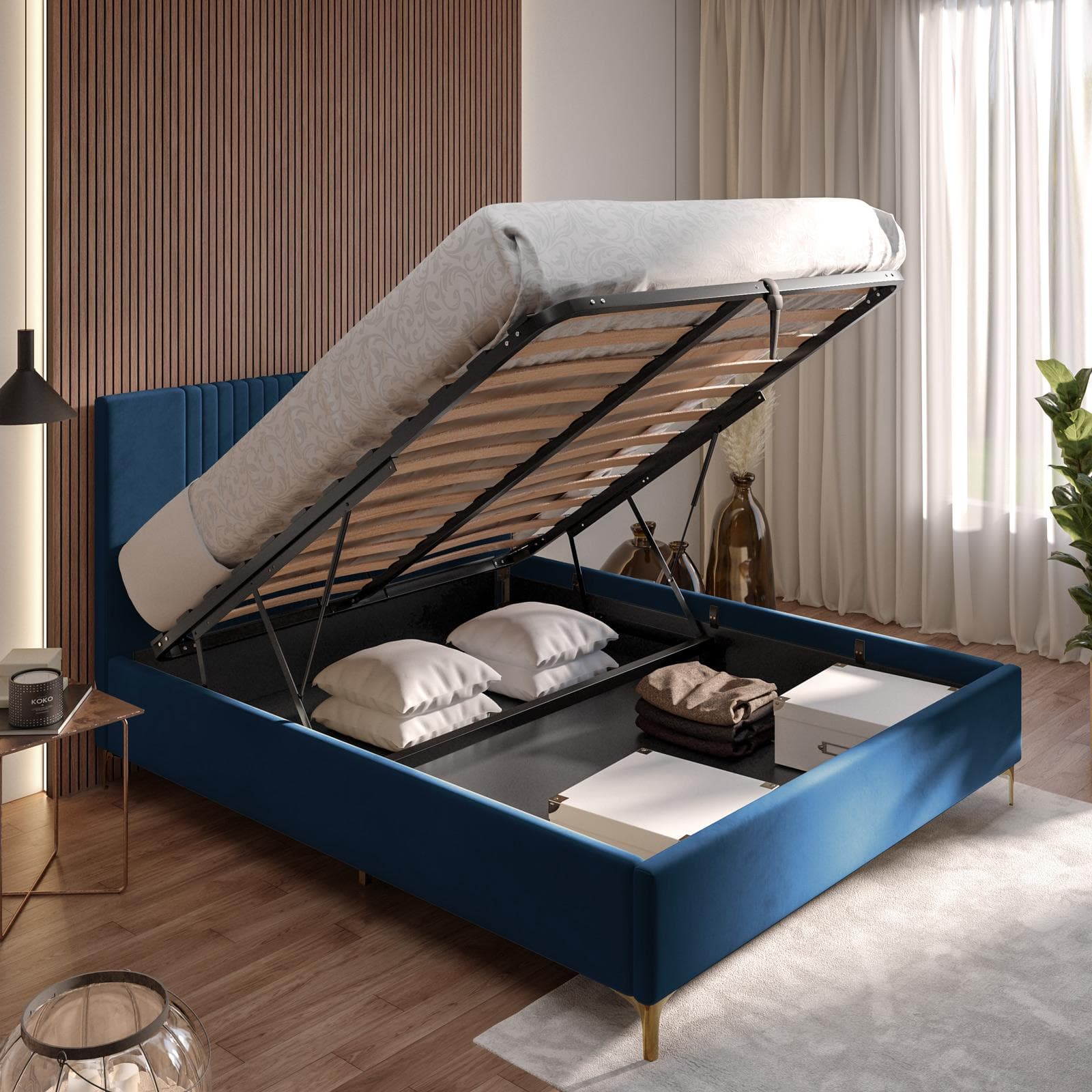 Letto matrimoniale 160x190 cm in velluto blu petrolio con contenitore - Maverick