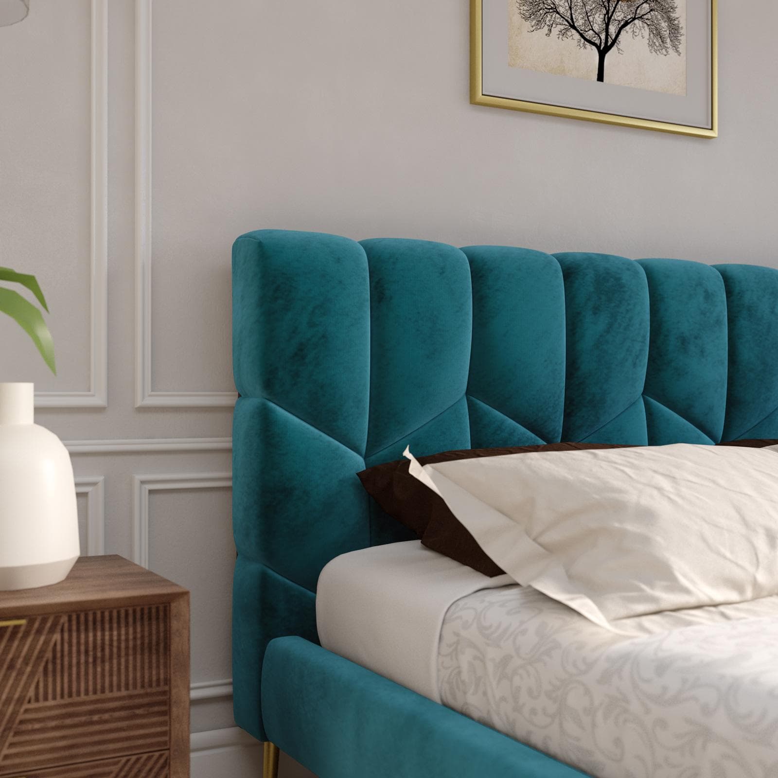 Letto matrimoniale 160x190 cm in velluto blu petrolio e piedi oro - Syman