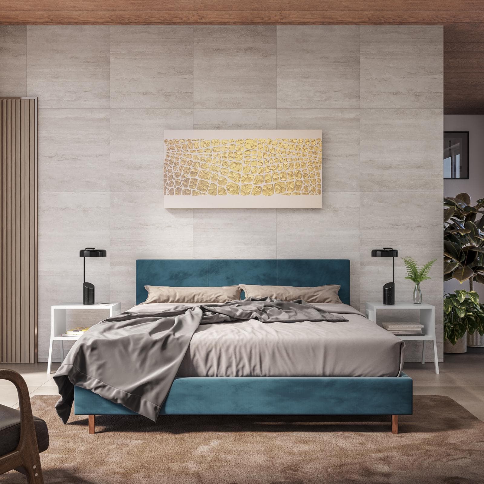 Letto matrimoniale 160x190 cm in velluto blu petrolio e piedi oro rosa - Frendy