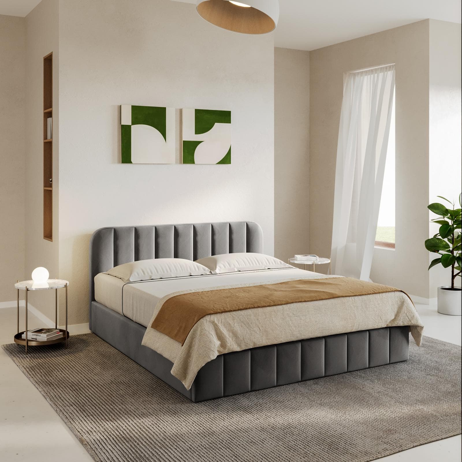 Letto matrimoniale 160x190 cm in velluto grigio con contenitore - Farer