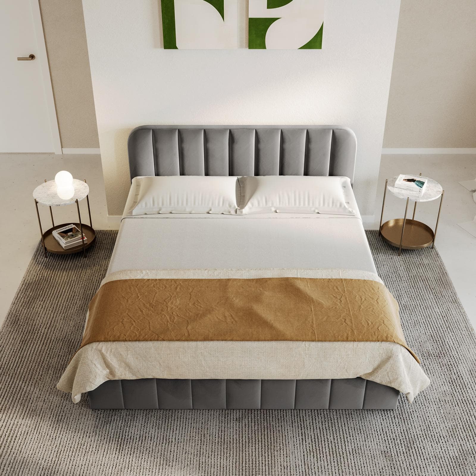 Letto matrimoniale 160x190 cm in velluto grigio con contenitore - Farer