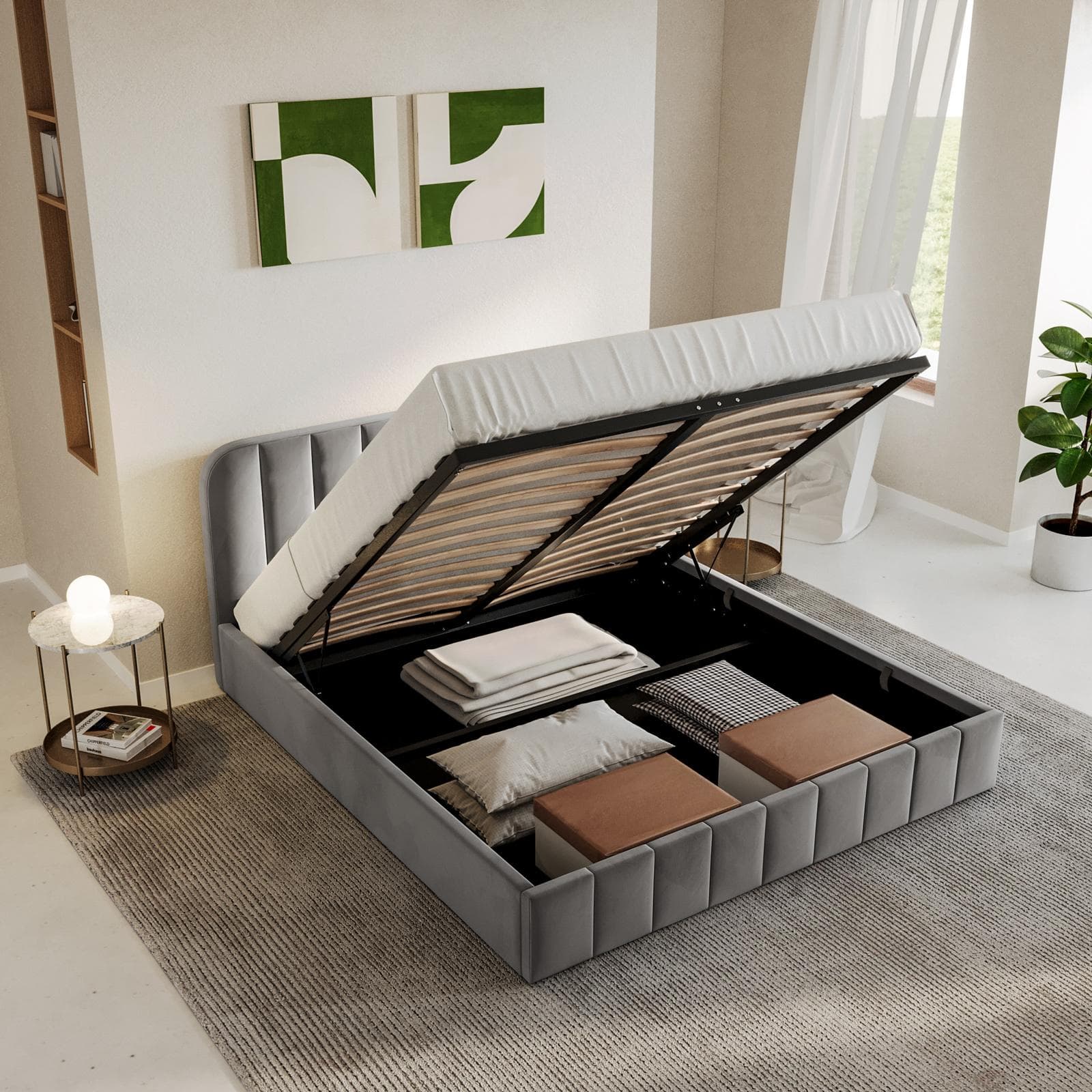 Letto matrimoniale 160x190 cm in velluto grigio con contenitore - Farer