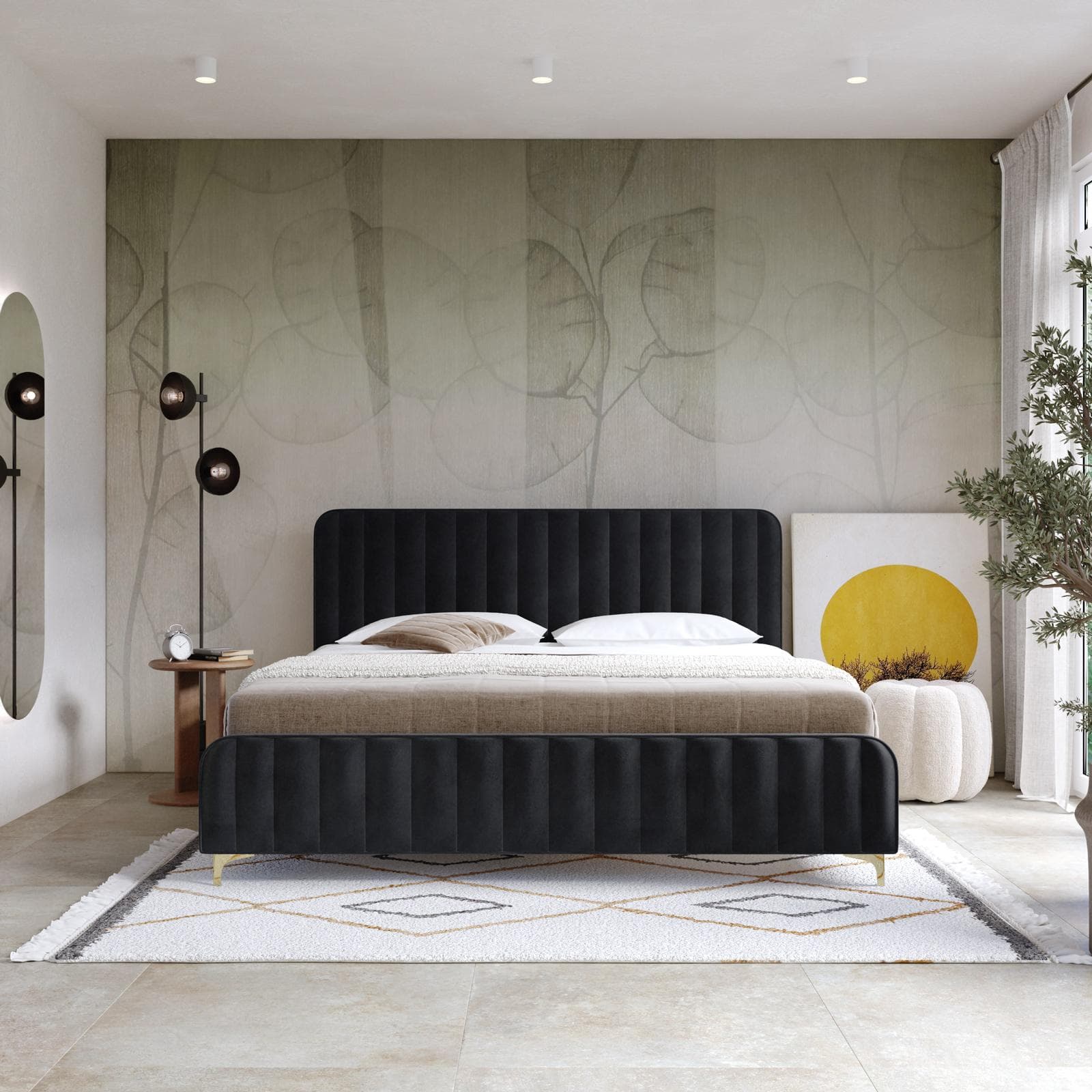 Letto matrimoniale 160x190 cm in velluto nero con piedi in metallo oro - Chimera