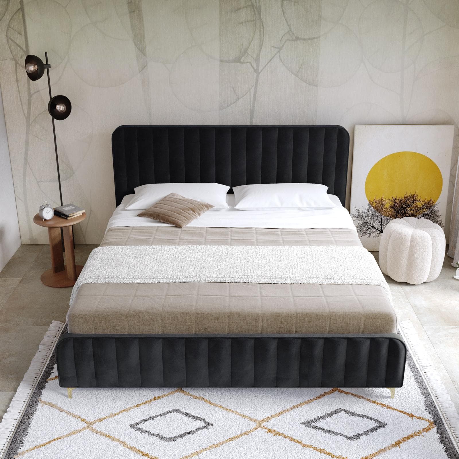 Letto matrimoniale 160x190 cm in velluto nero con piedi in metallo oro - Chimera