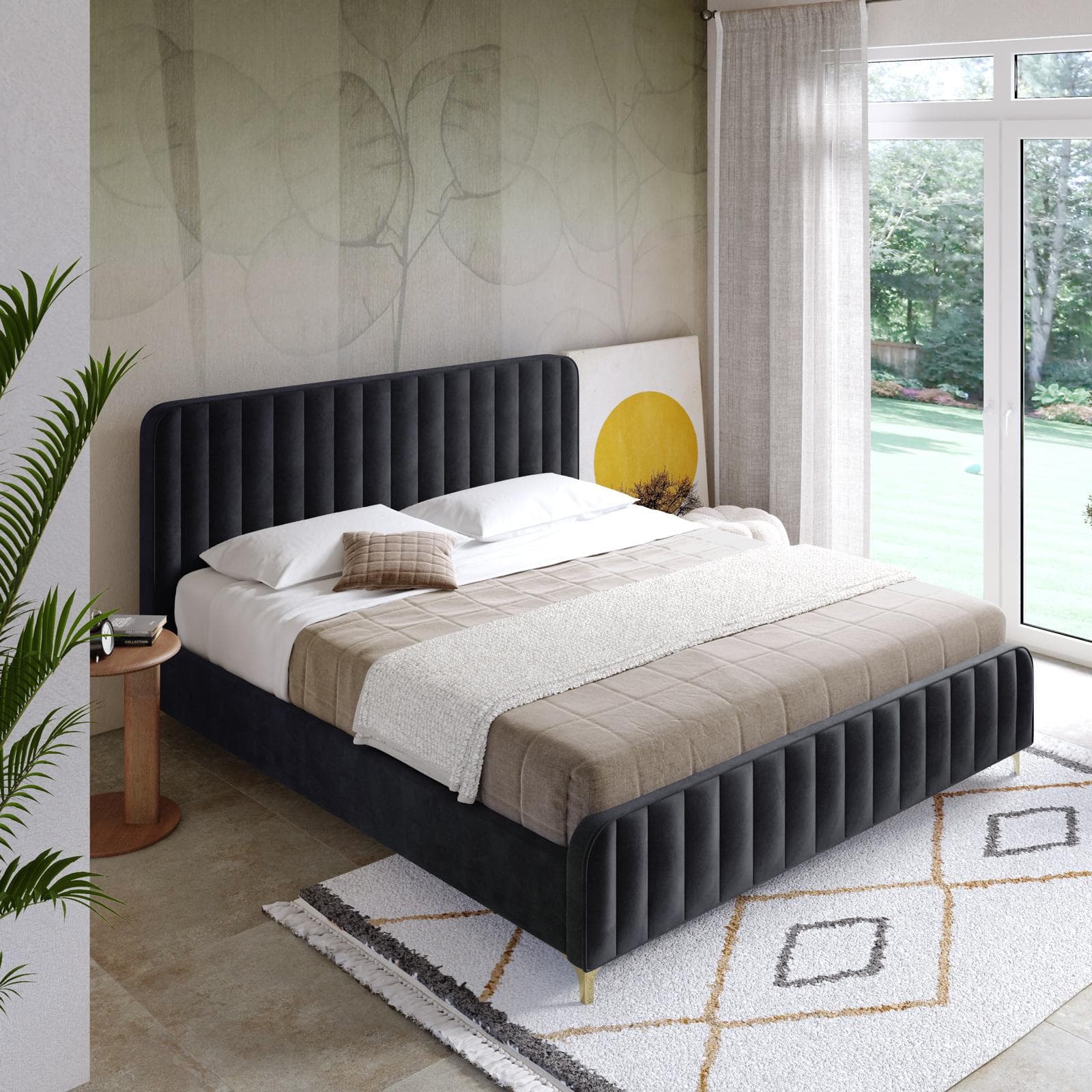Letto matrimoniale 160x190 cm in velluto nero con piedi in metallo oro - Chimera