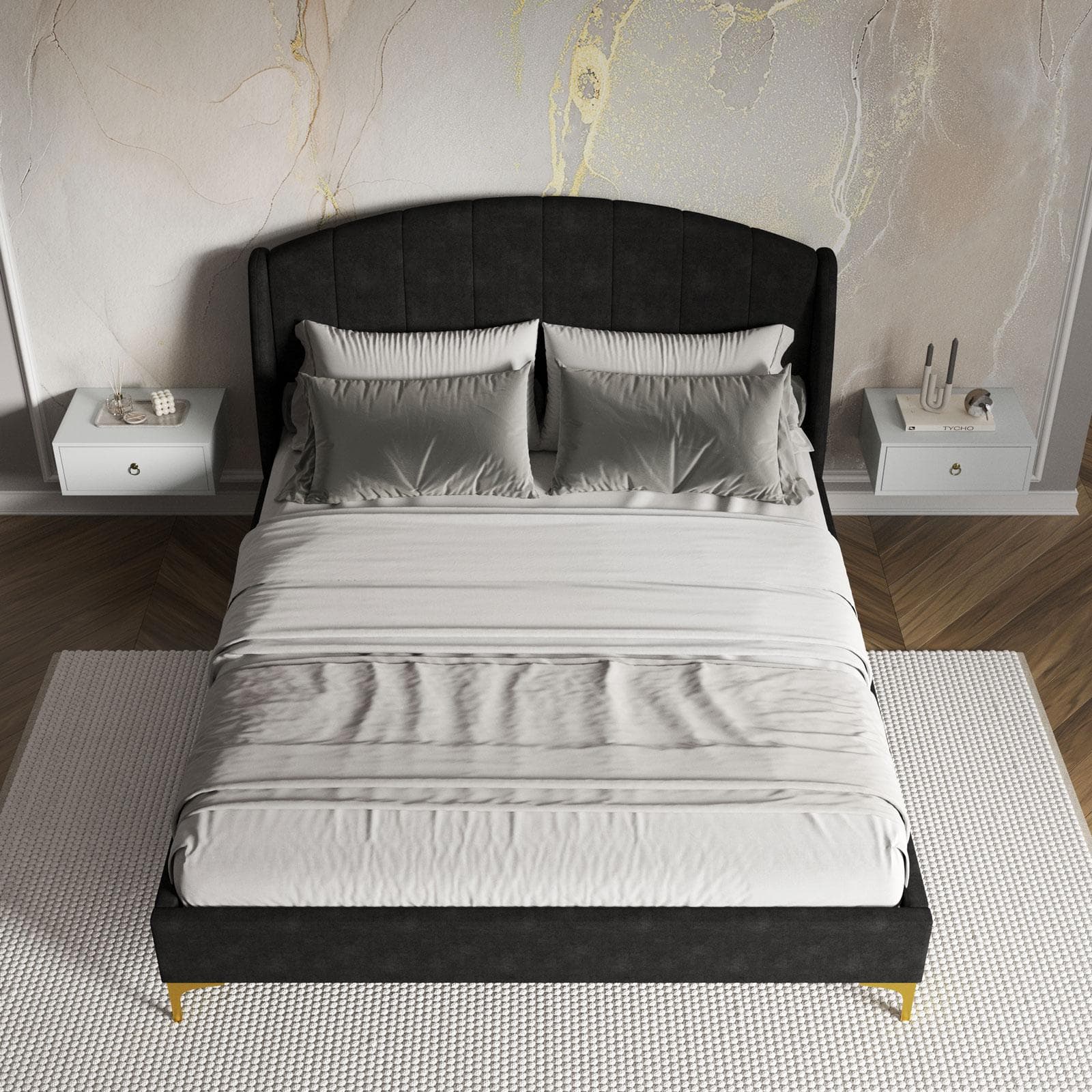 Letto matrimoniale 160x190 cm in velluto nero con piedi in metallo oro - Wisdom