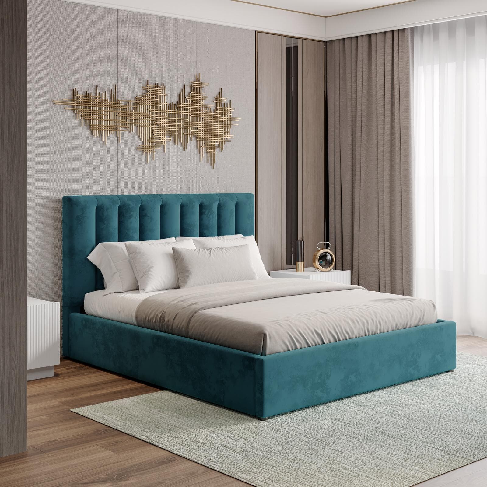 Letto matrimoniale 160x190 cm in velluto petrolio con contenitore - Gomel