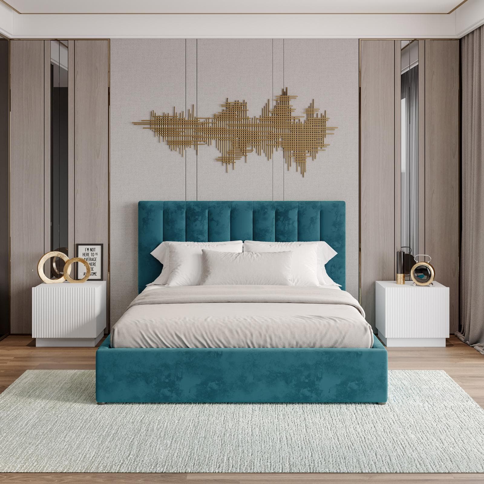 Letto matrimoniale 160x190 cm in velluto petrolio con contenitore - Gomel