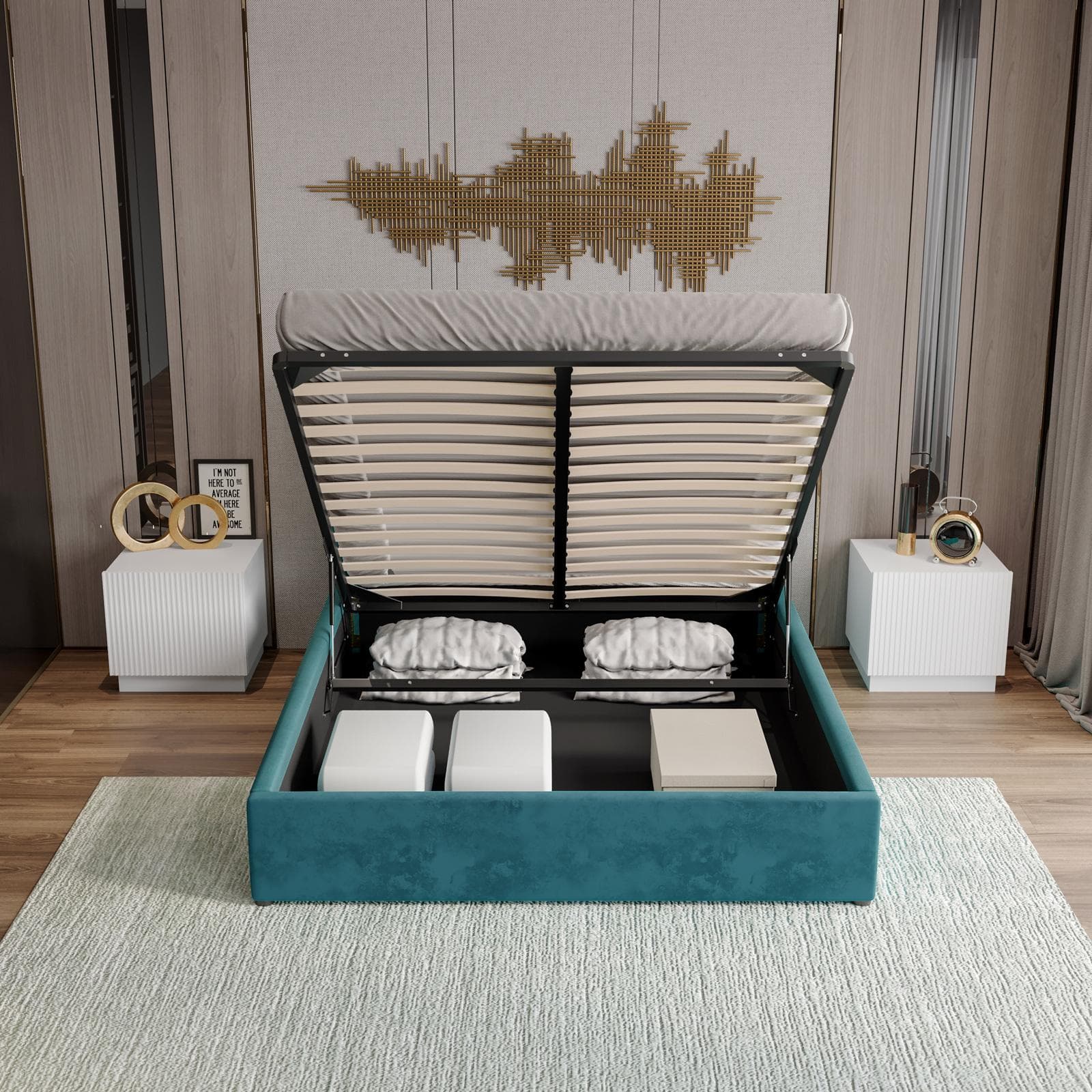 Letto matrimoniale 160x190 cm in velluto petrolio con contenitore - Gomel