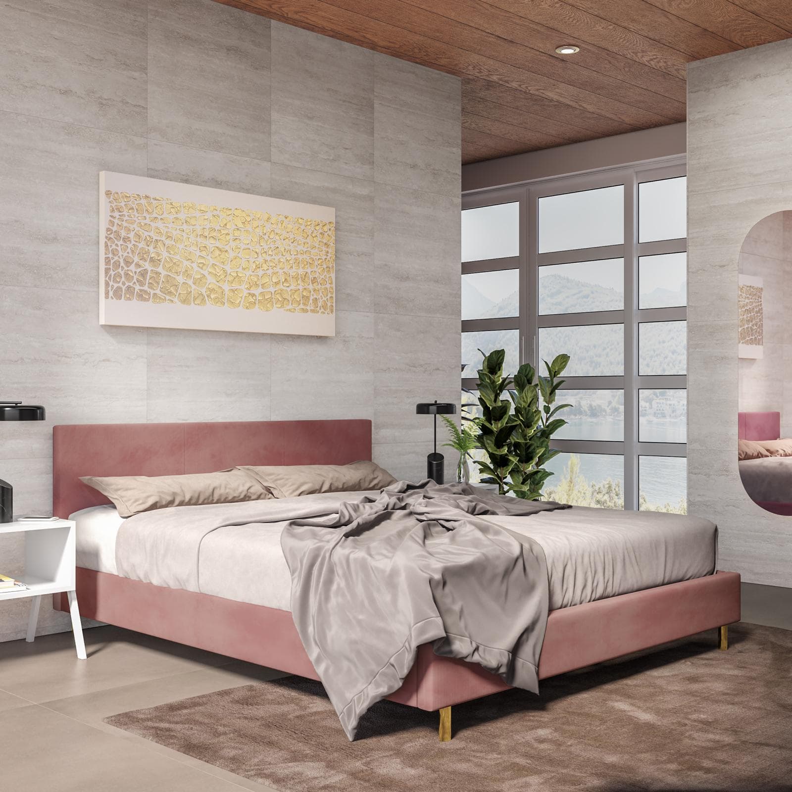 Letto matrimoniale 160x190 cm in velluto rosa antico e gambe oro - Frendy