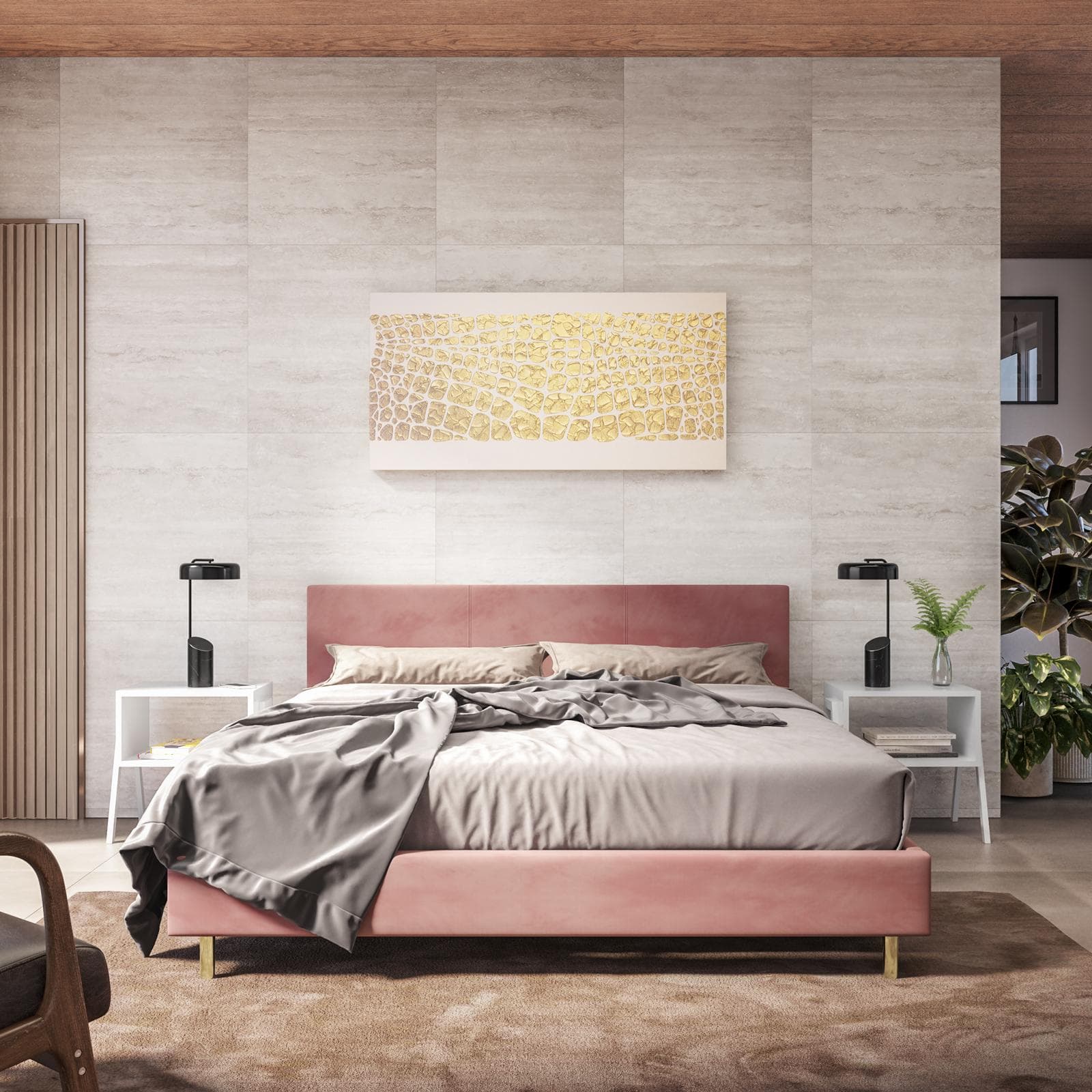 Letto matrimoniale 160x190 cm in velluto rosa antico e gambe oro - Frendy