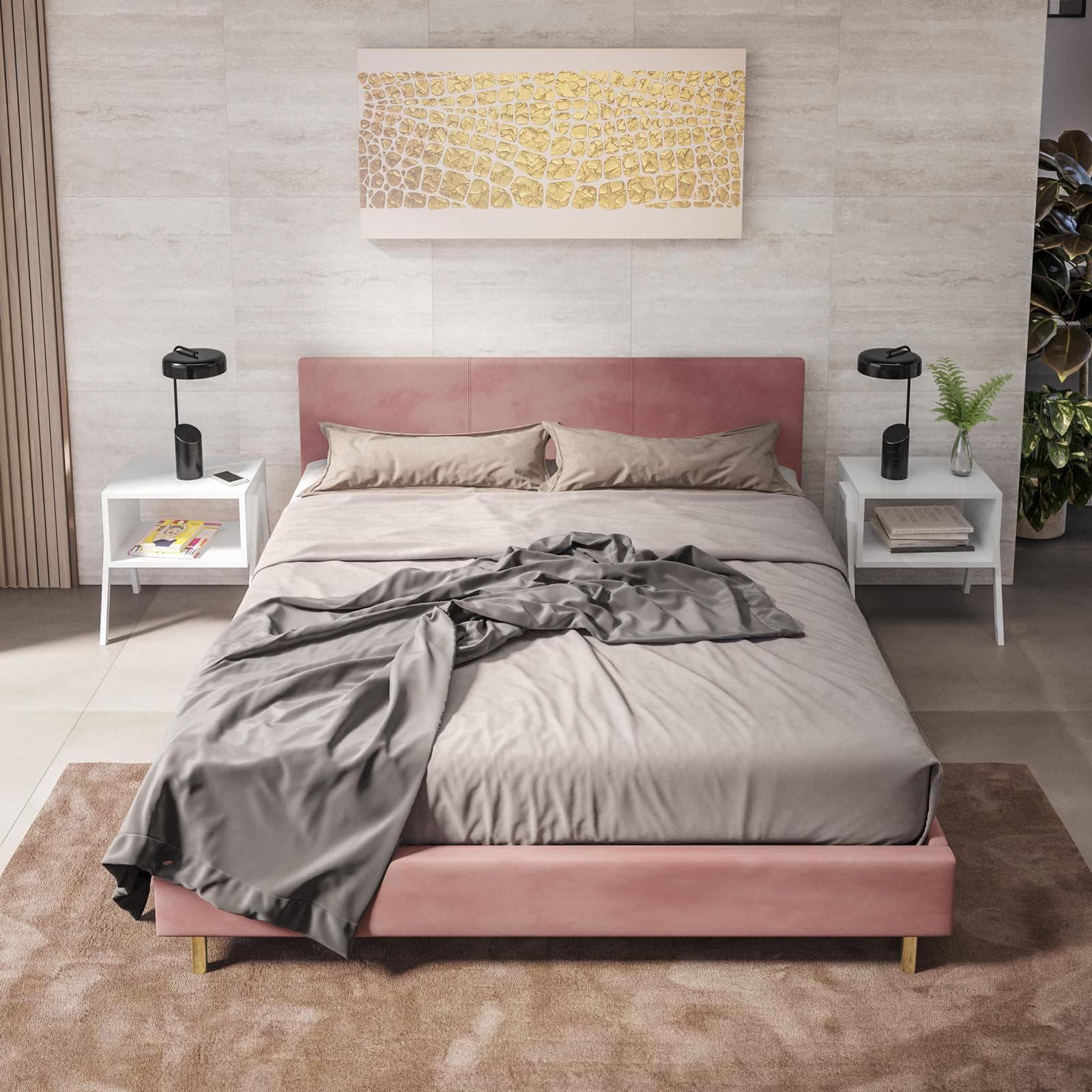 Letto matrimoniale 160x190 cm in velluto rosa antico e gambe oro - Frendy
