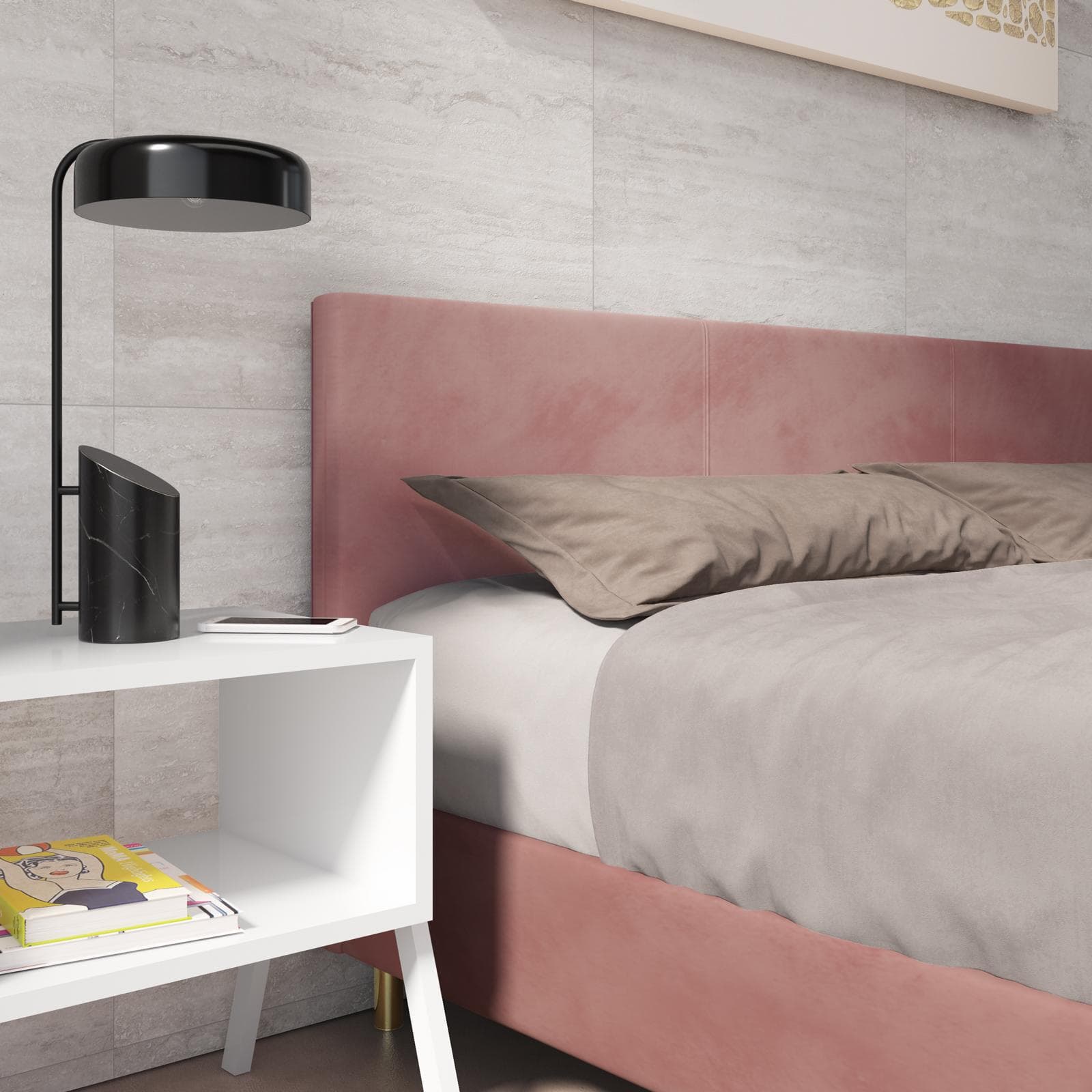 Letto matrimoniale 160x190 cm in velluto rosa antico e gambe oro - Frendy