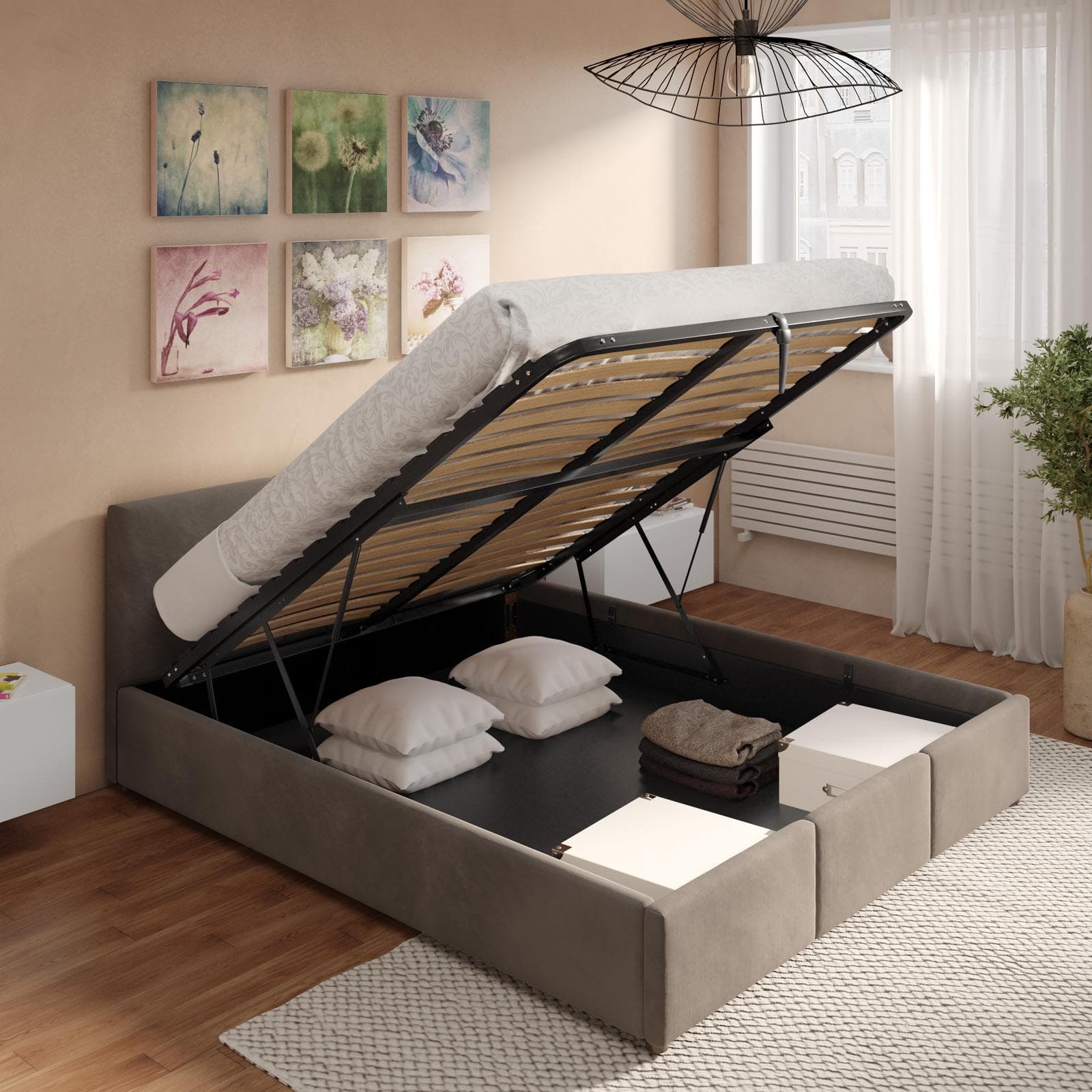 Letto matrimoniale 160x190 cm in velluto tortora con contenitore - Newark