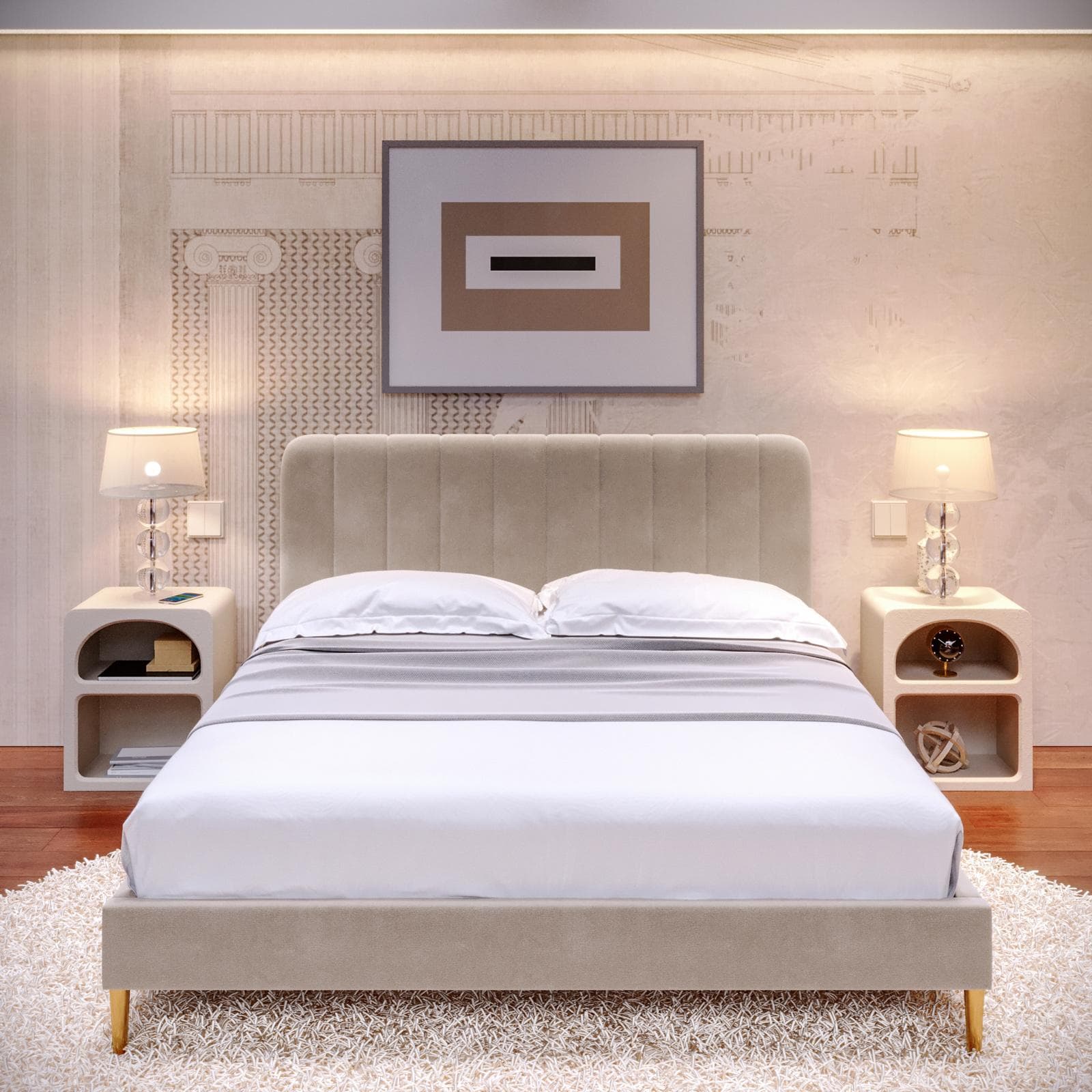 Letto matrimoniale 160x190 cm in velluto tortora con piedi in metallo oro - Chiarore