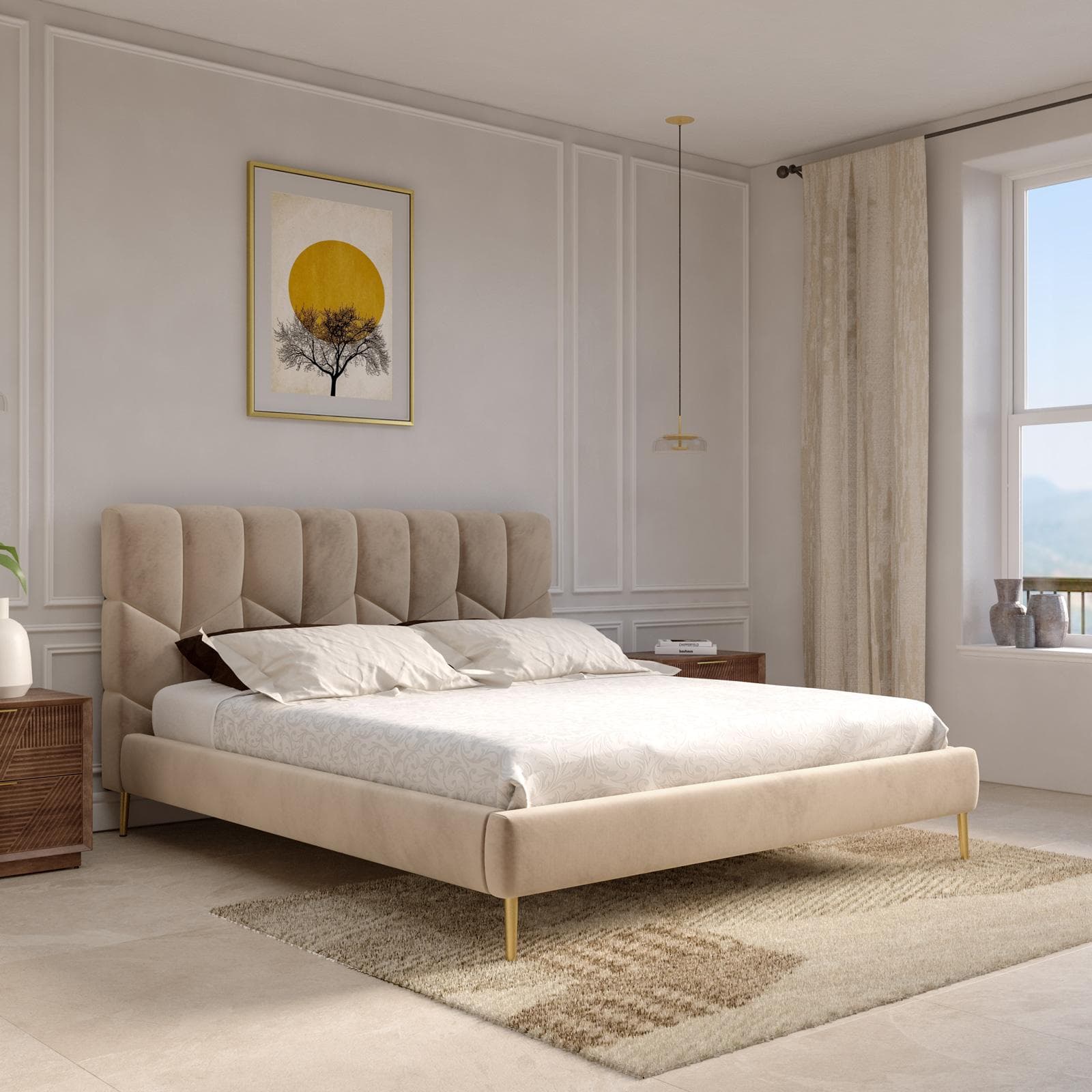 Letto matrimoniale 160x190 cm in velluto beige e piedi oro - Syman