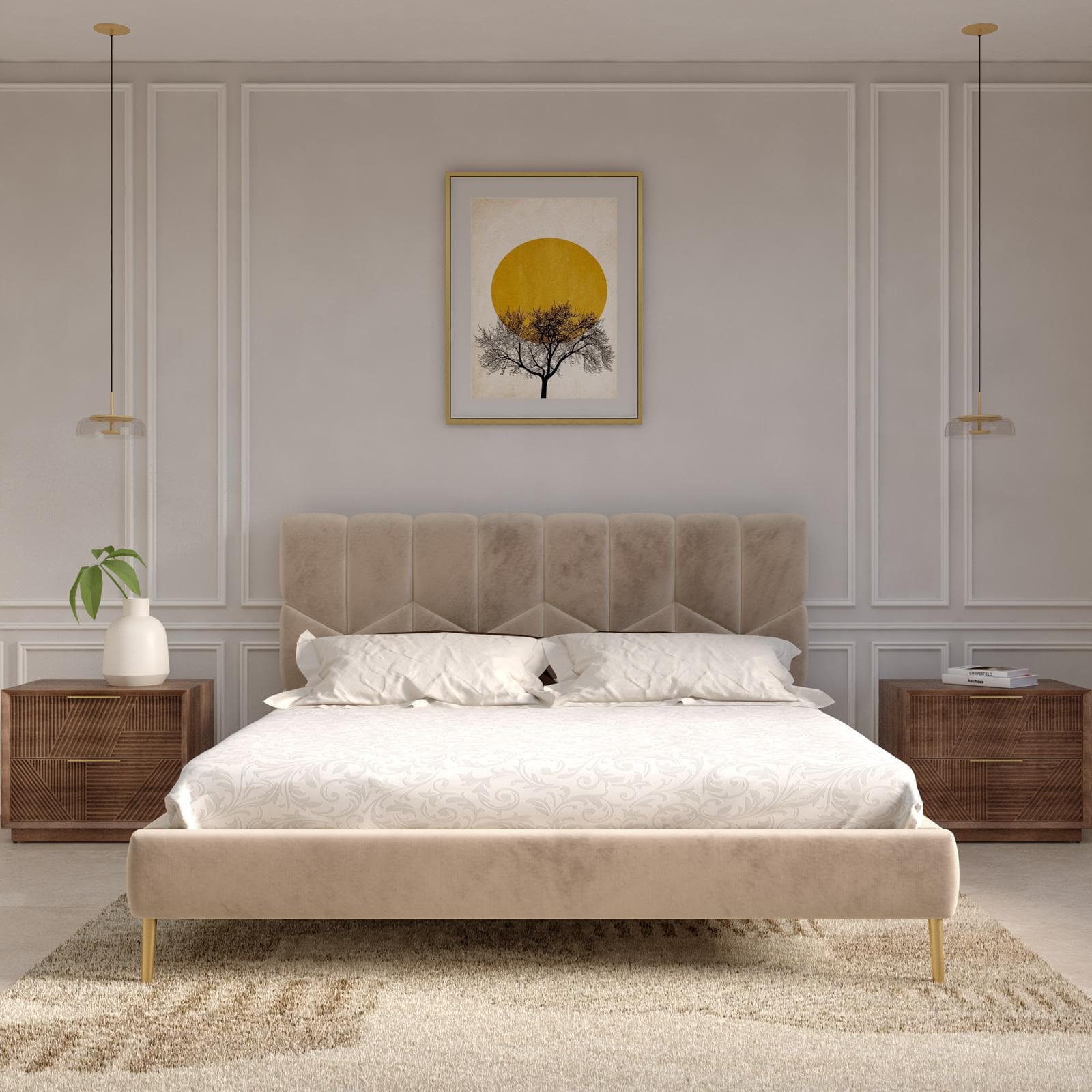Letto matrimoniale 160x190 cm in velluto beige e piedi oro - Syman