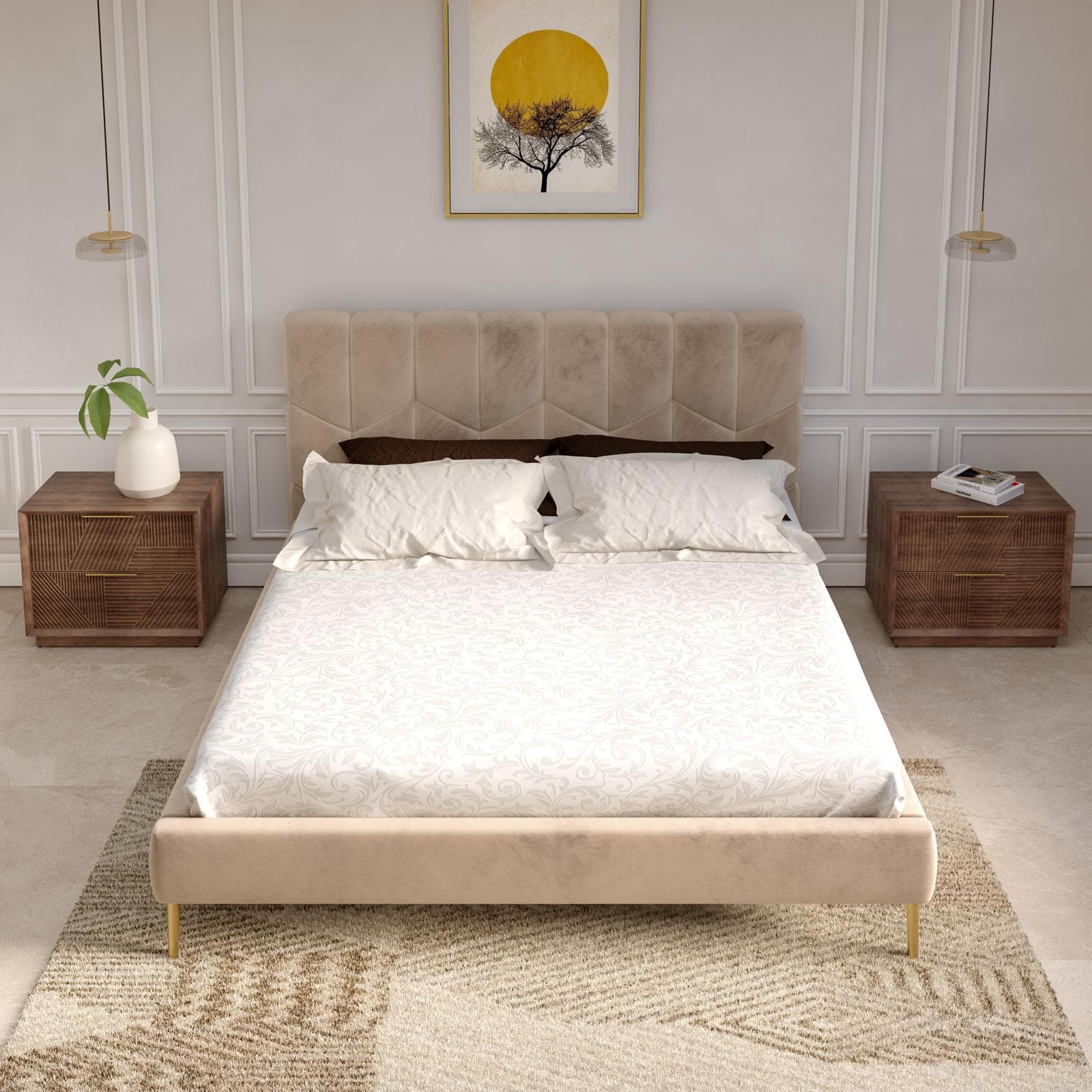 Letto matrimoniale 160x190 cm in velluto beige e piedi oro - Syman