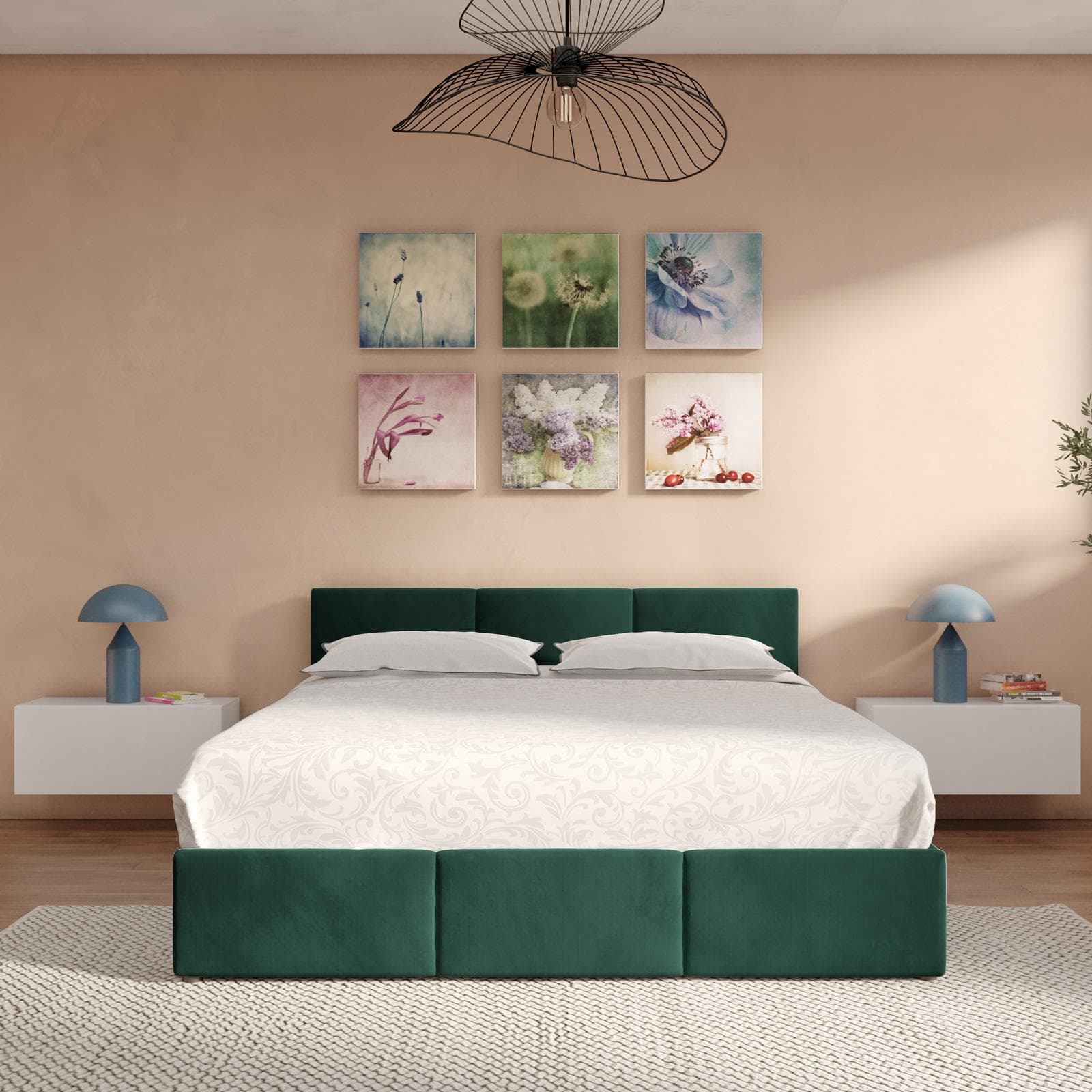 Letto matrimoniale 160x190 cm in velluto verde bosco con contenitore - Newark