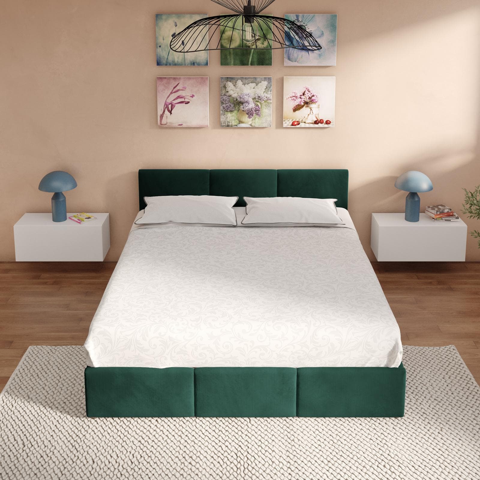 Letto matrimoniale 160x190 cm in velluto verde bosco con contenitore - Newark