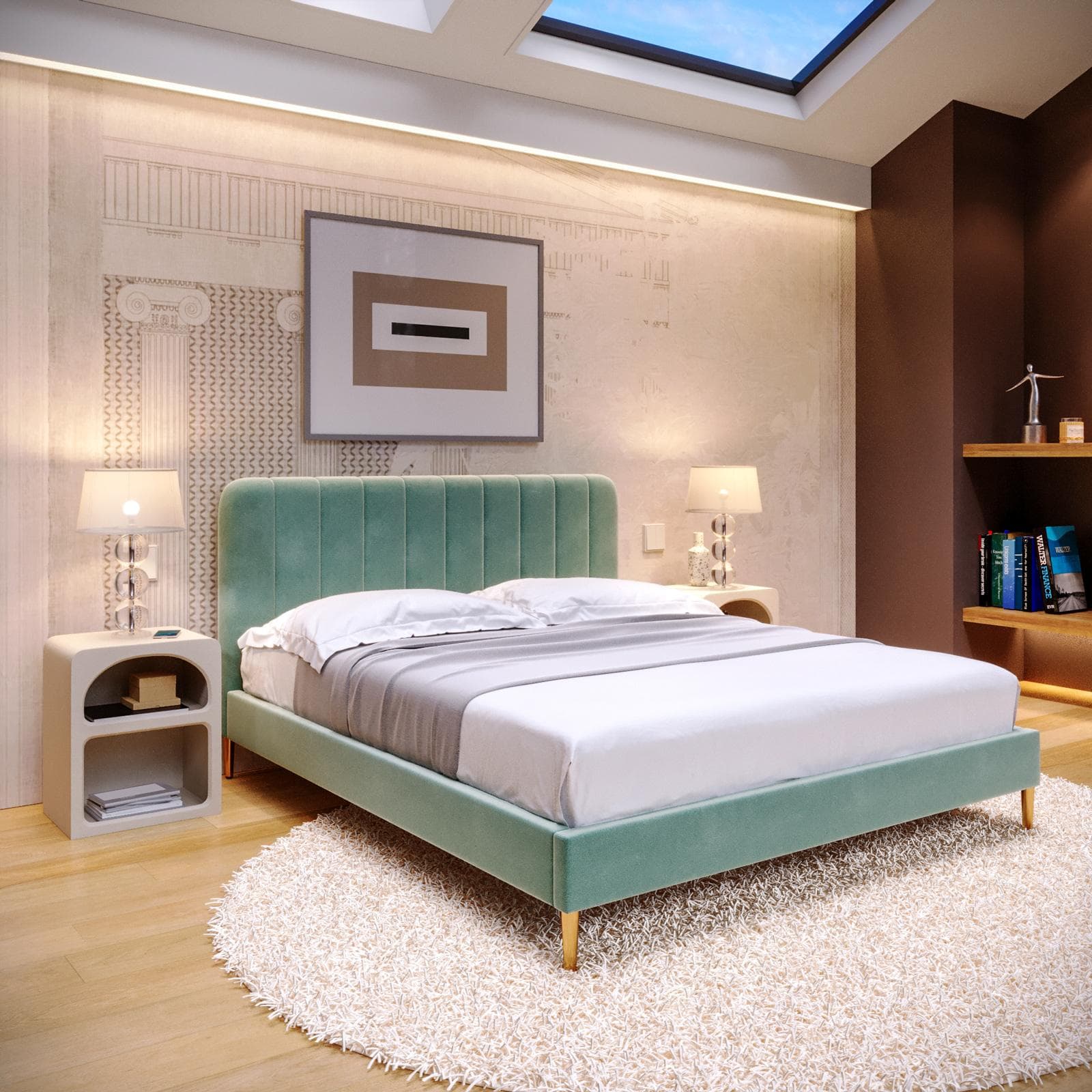 Letto matrimoniale 160x190 cm in velluto verde salvia con piedi in metallo oro - Chiarore