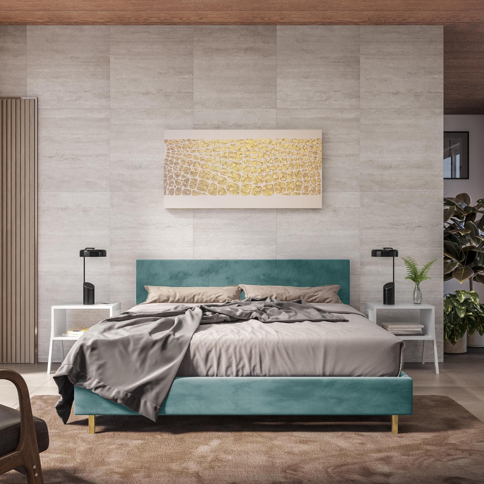Letto matrimoniale 160x190 cm in velluto verde salvia e piedi oro - Frendy