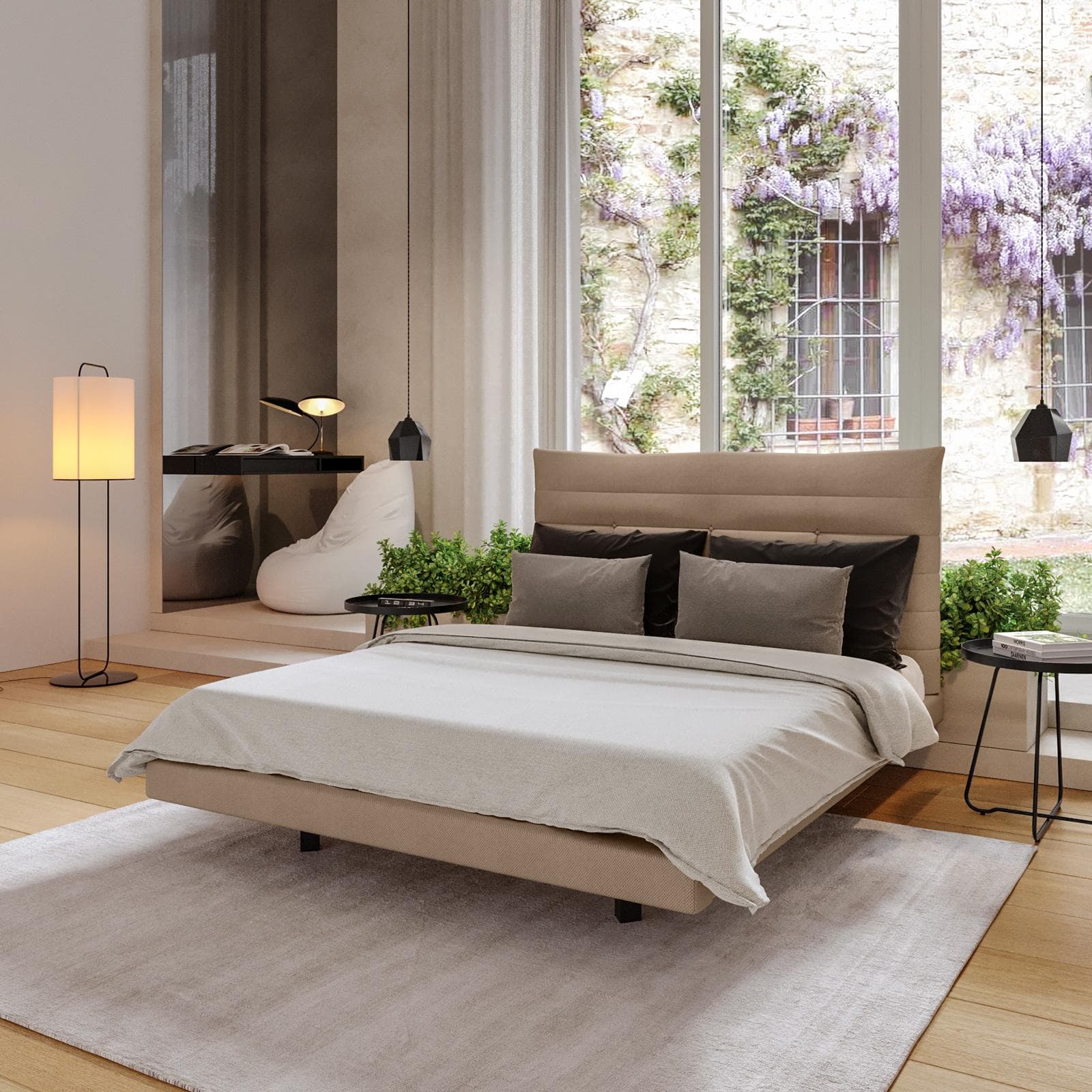 Letto matrimoniale 160x190 cm sospeso in tessuto effetto maglia caramello - Hobart