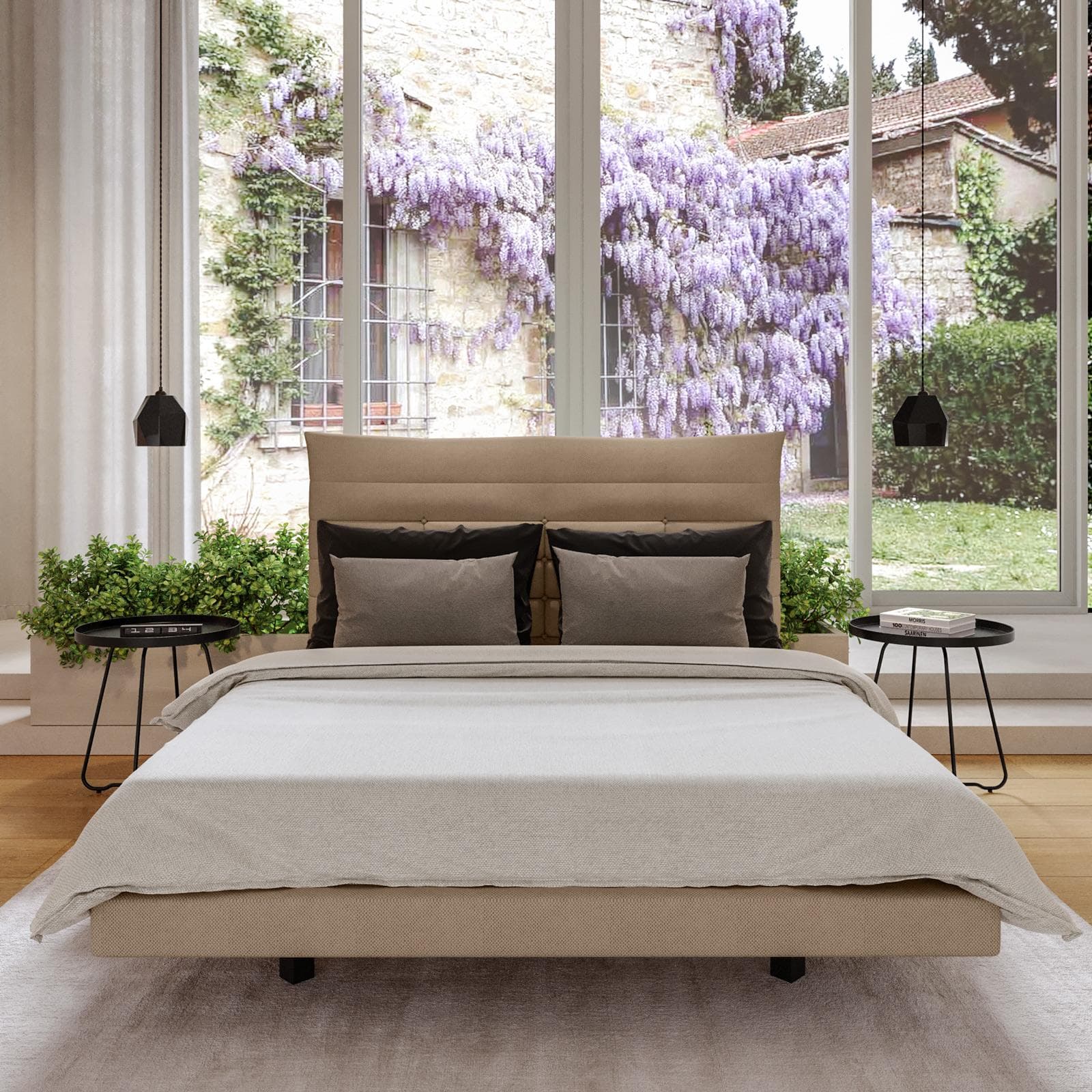 Letto matrimoniale 160x190 cm sospeso in tessuto effetto maglia caramello - Hobart