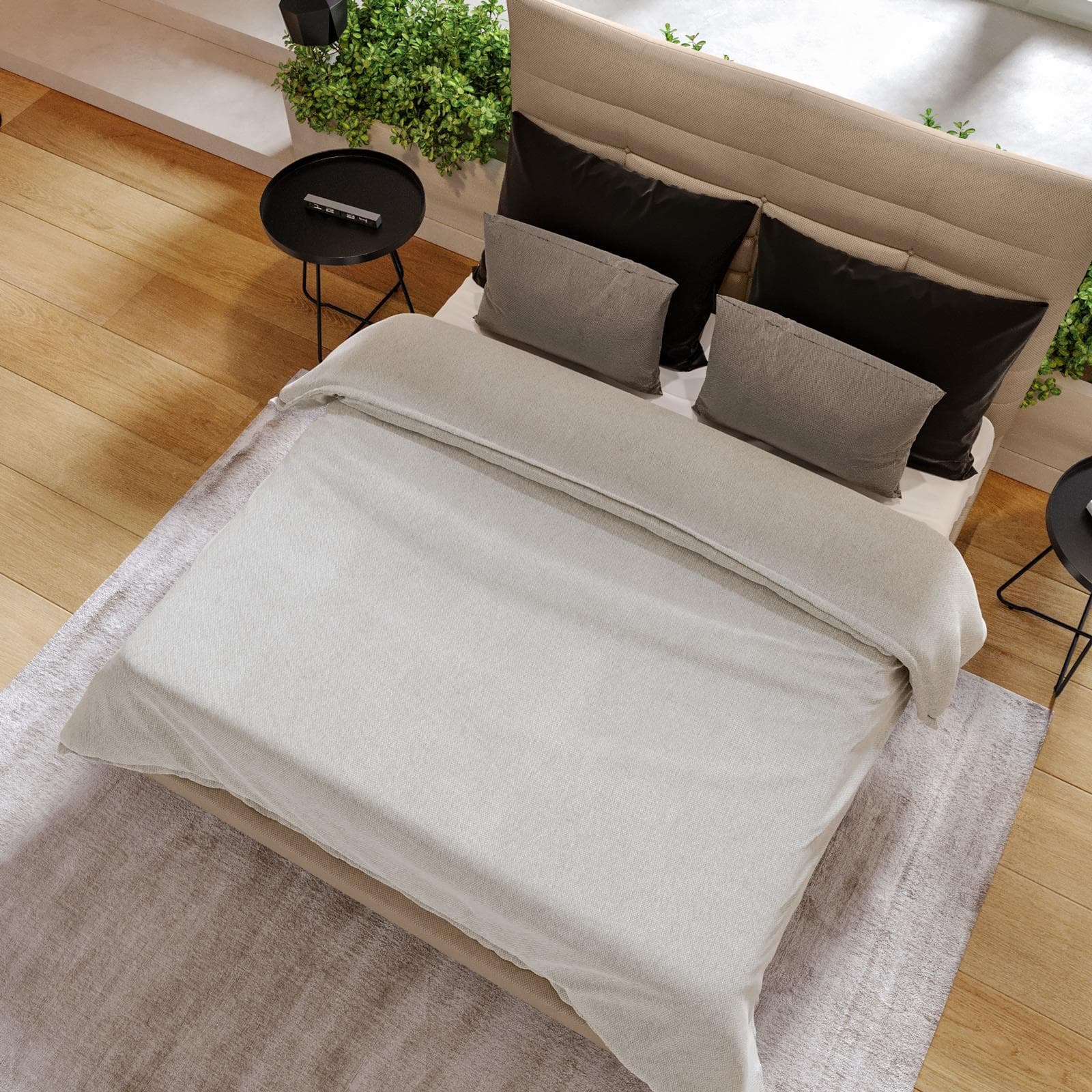Letto matrimoniale 160x190 cm sospeso in tessuto effetto maglia caramello - Hobart
