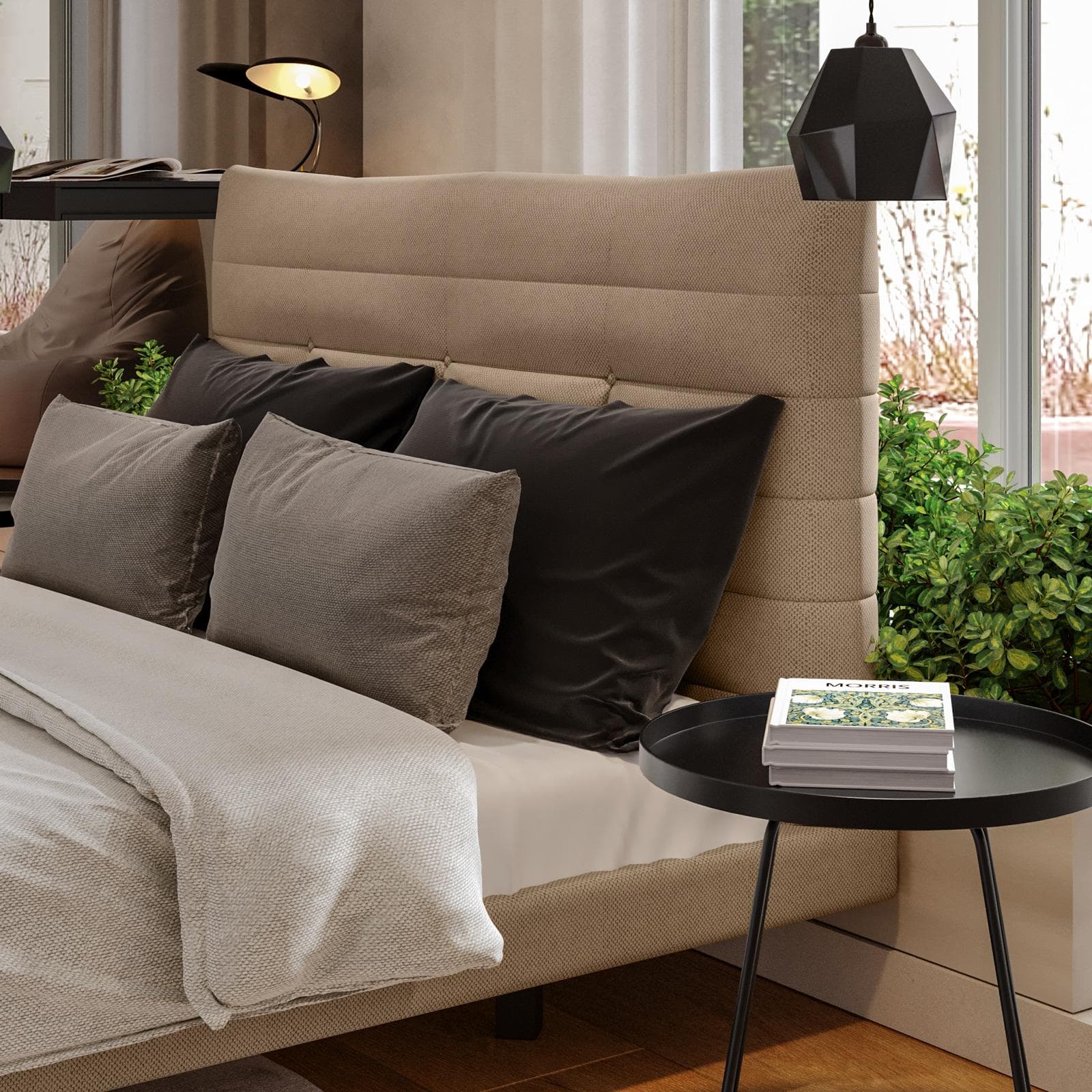 Letto matrimoniale 160x190 cm sospeso in tessuto effetto maglia caramello - Hobart