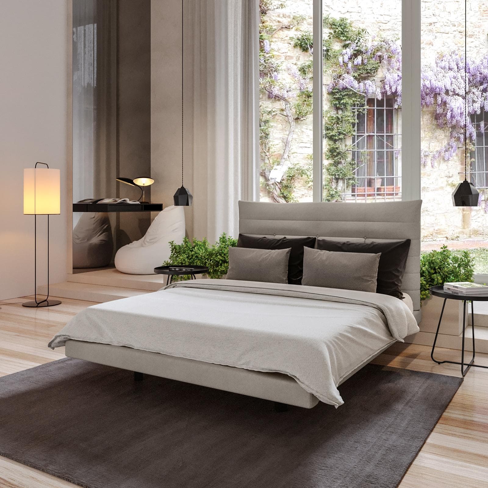 Letto matrimoniale 160x190 cm sospeso in tessuto effetto maglia grigio chiaro - Hobart