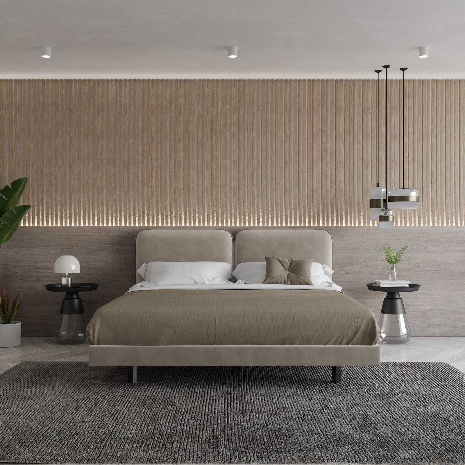 Letto matrimoniale 160x190 cm sospeso in velluto tortora chiaro - Fjodor
