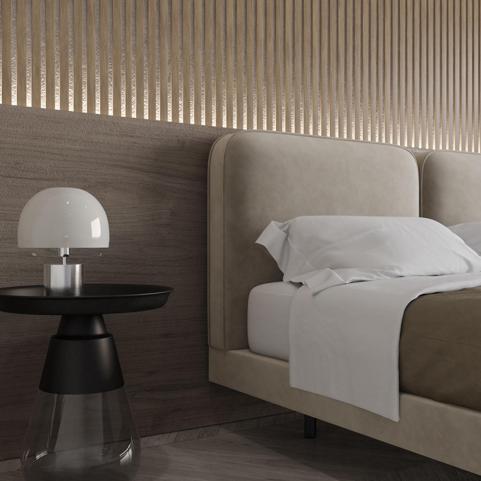 Letto matrimoniale 160x190 cm sospeso in velluto tortora chiaro - Fjodor