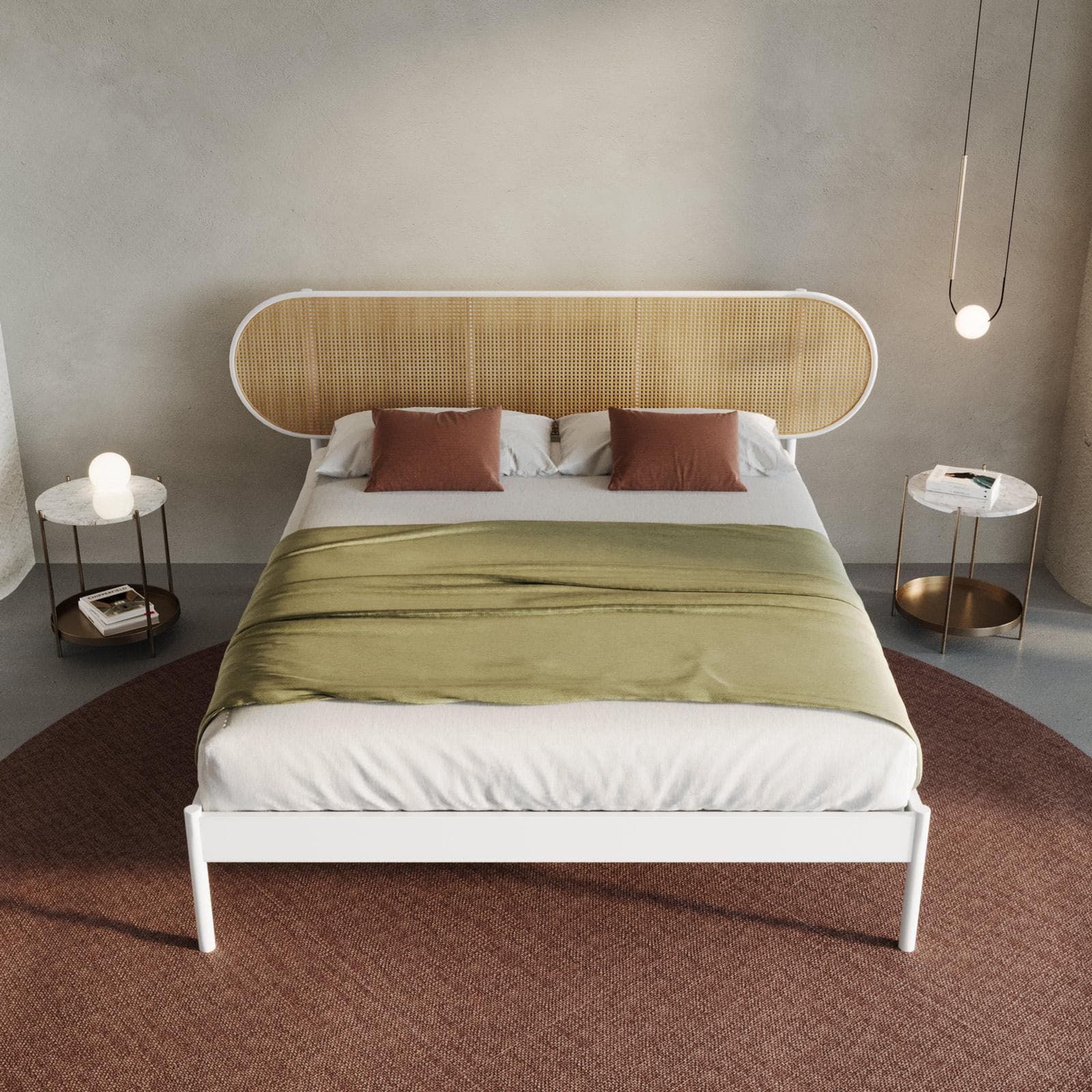 Letto matrimoniale 160x200 cm con struttura in metallo bianco e testata tondeggiante effetto paglia di Vienna - Alaric