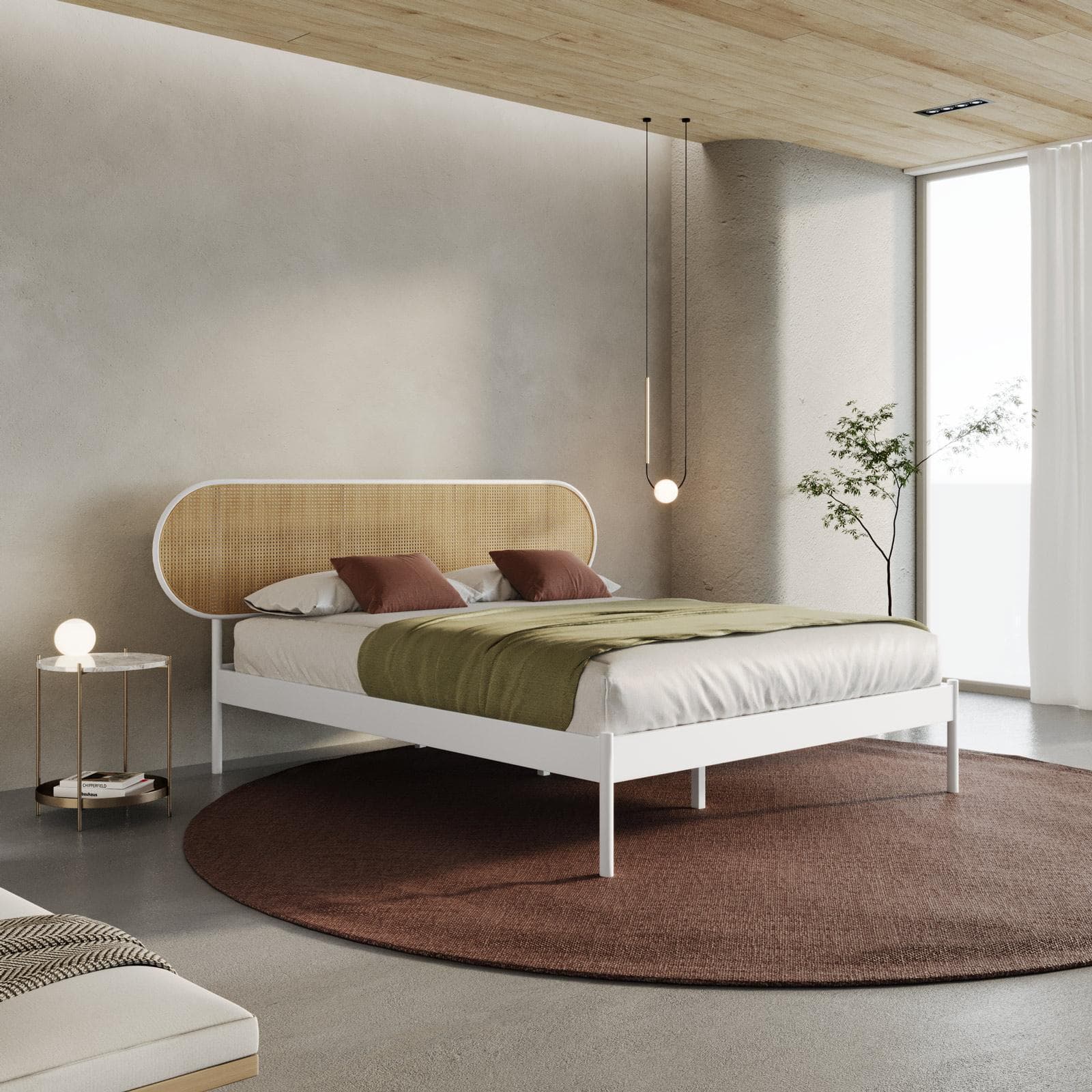 Letto matrimoniale 160x200 cm con struttura in metallo bianco e testata tondeggiante effetto paglia di Vienna - Alaric
