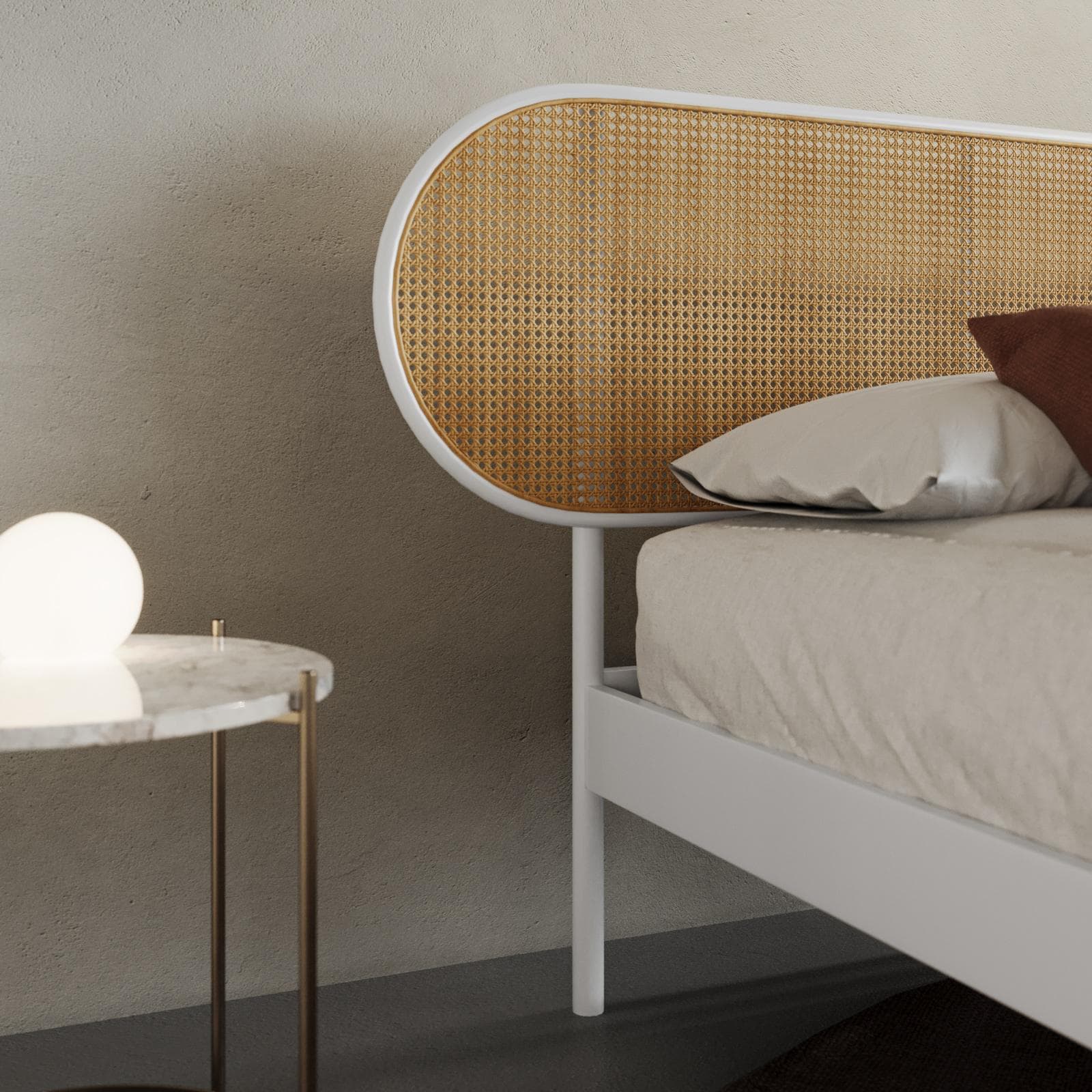 Letto matrimoniale 160x200 cm con struttura in metallo bianco e testata tondeggiante effetto paglia di Vienna - Alaric