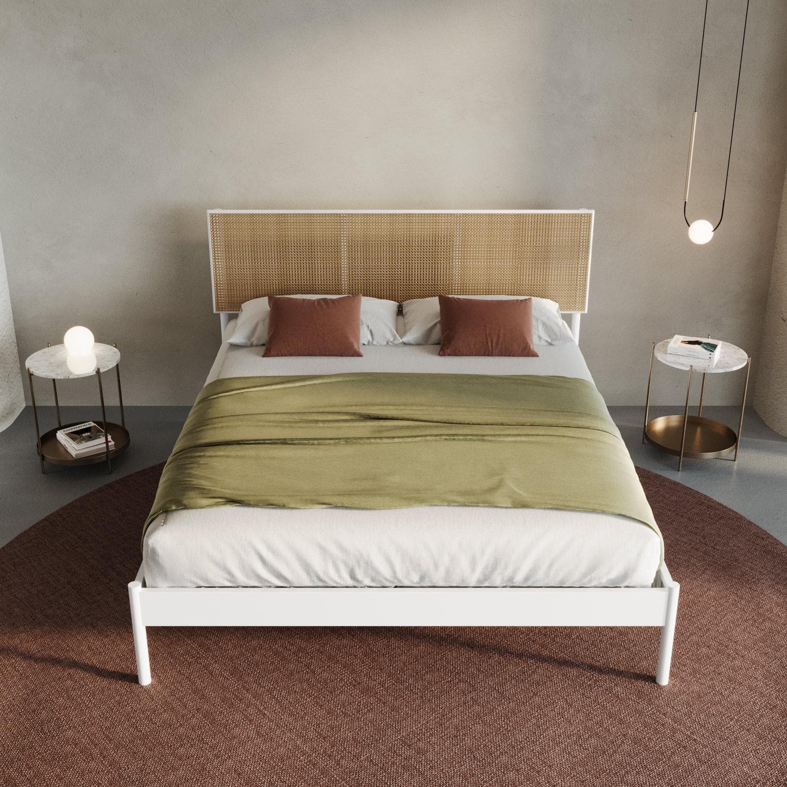 Letto matrimoniale 160x200 cm con struttura in metallo bianco e testata squadrata effetto paglia di Vienna - Alaric
