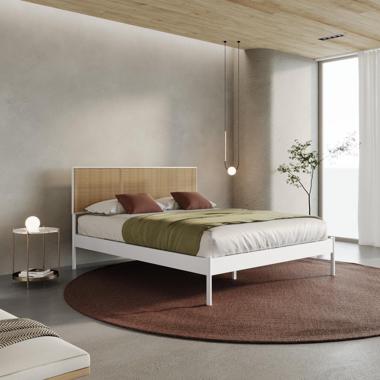 Letto matrimoniale 160x200 cm con struttura in metallo bianco e testata squadrata effetto paglia di Vienna - Alaric