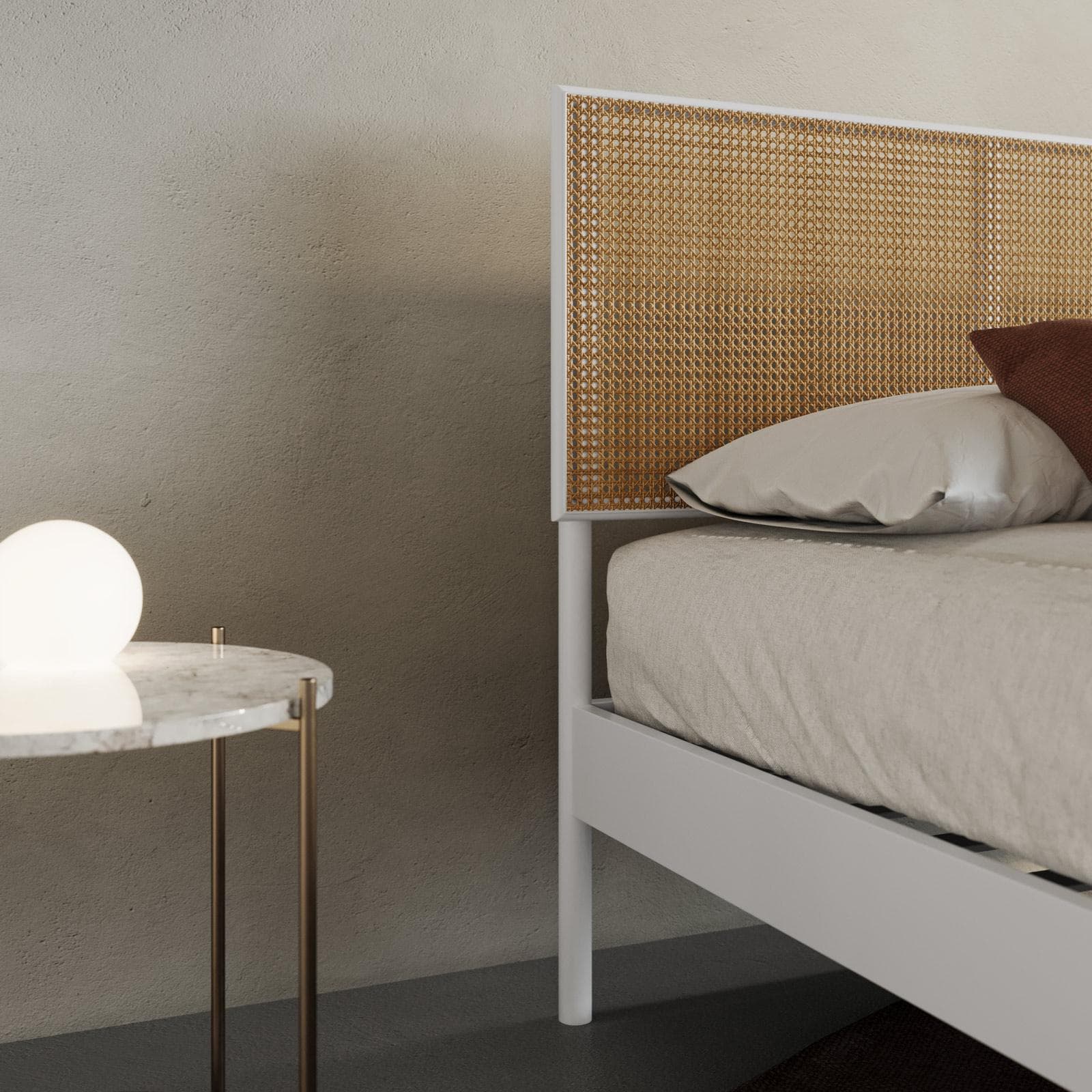 Letto matrimoniale 160x200 cm con struttura in metallo bianco e testata squadrata effetto paglia di Vienna - Alaric