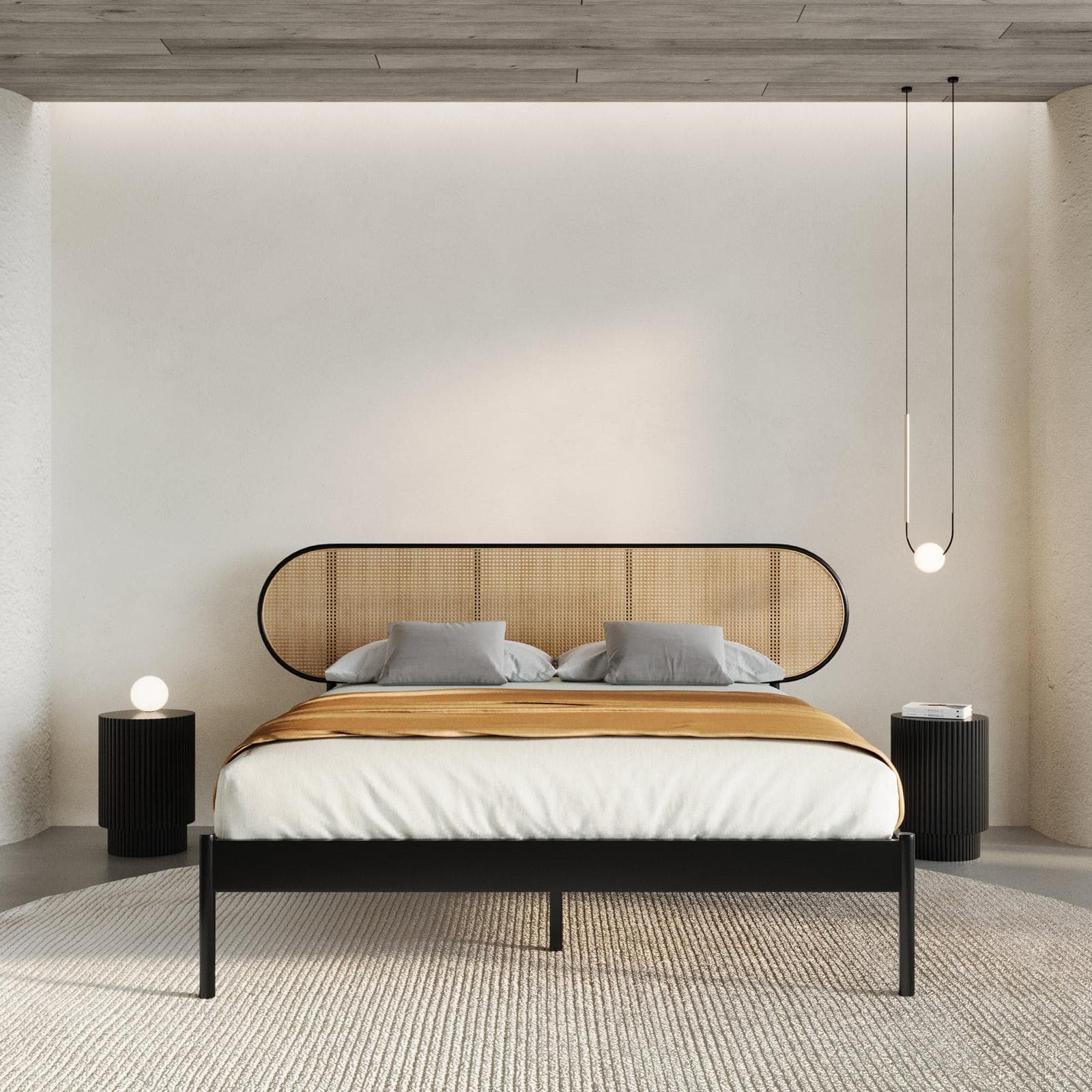 Letto matrimoniale 160x200 cm con struttura in metallo nero e testata tondeggiante effetto paglia di Vienna - Alaric
