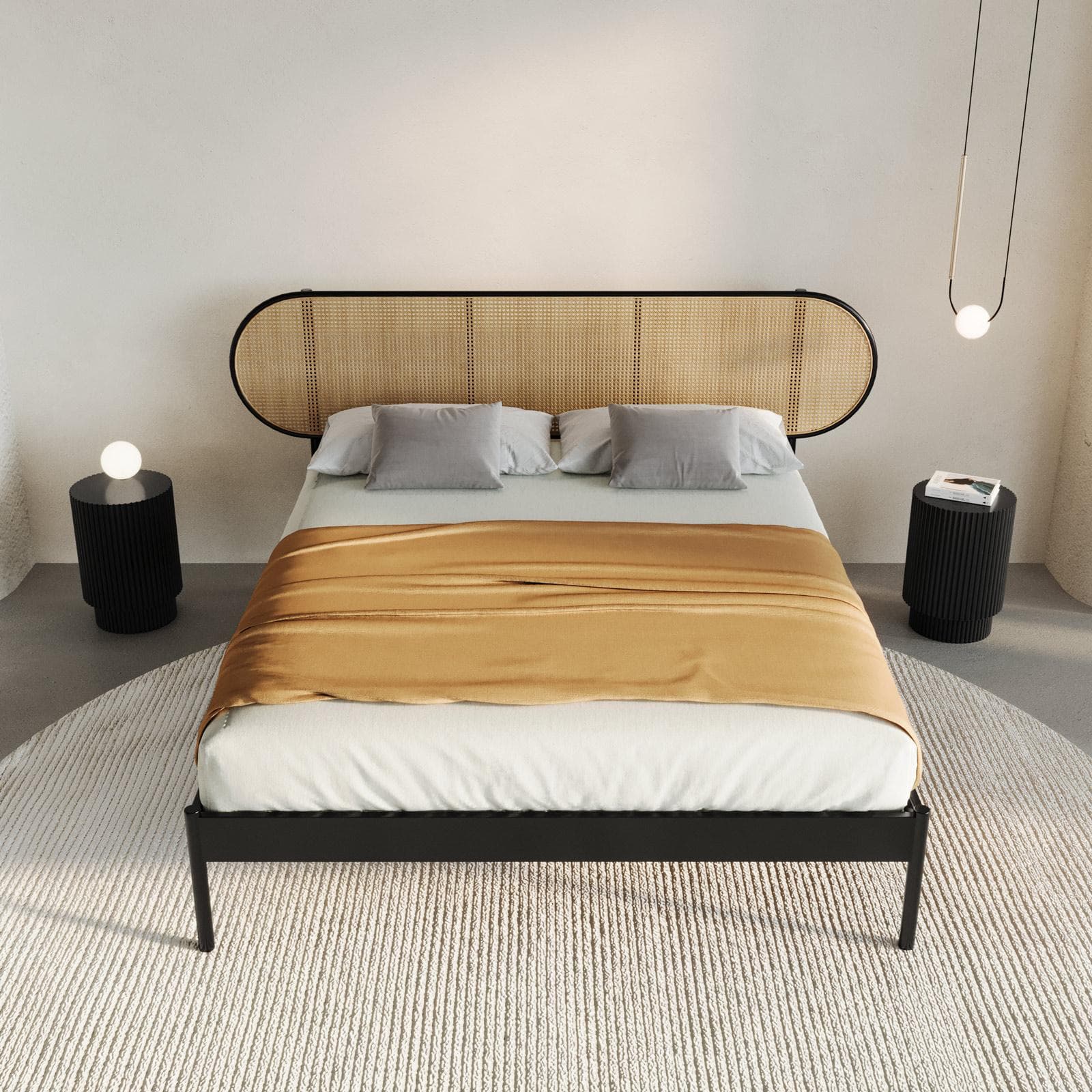 Letto matrimoniale 160x200 cm con struttura in metallo nero e testata tondeggiante effetto paglia di Vienna - Alaric