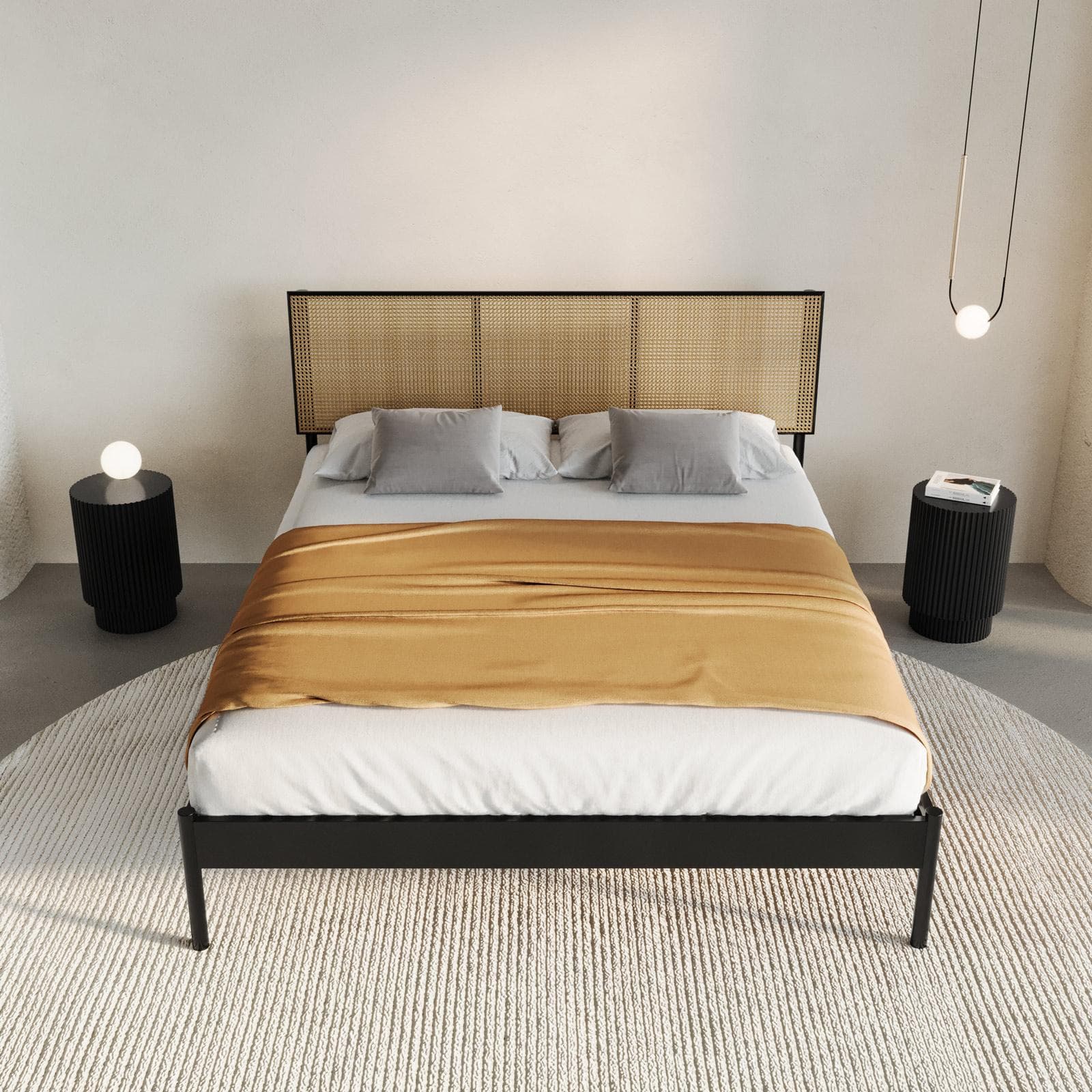 Letto matrimoniale 160x200 cm con struttura in metallo nero e testata squadrata effetto paglia di Vienna - Alaric
