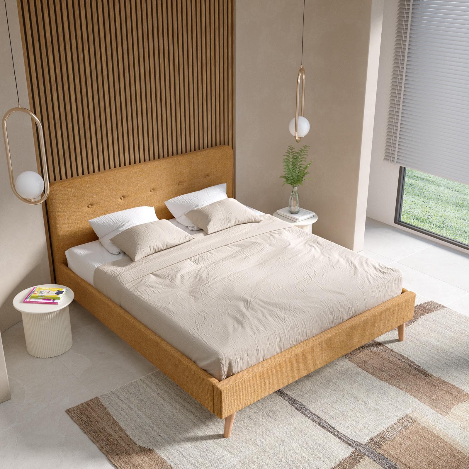Letto matrimoniale 160x200 cm in tessuto effetto maglia giallo ocra con gambe in legno - Lasly