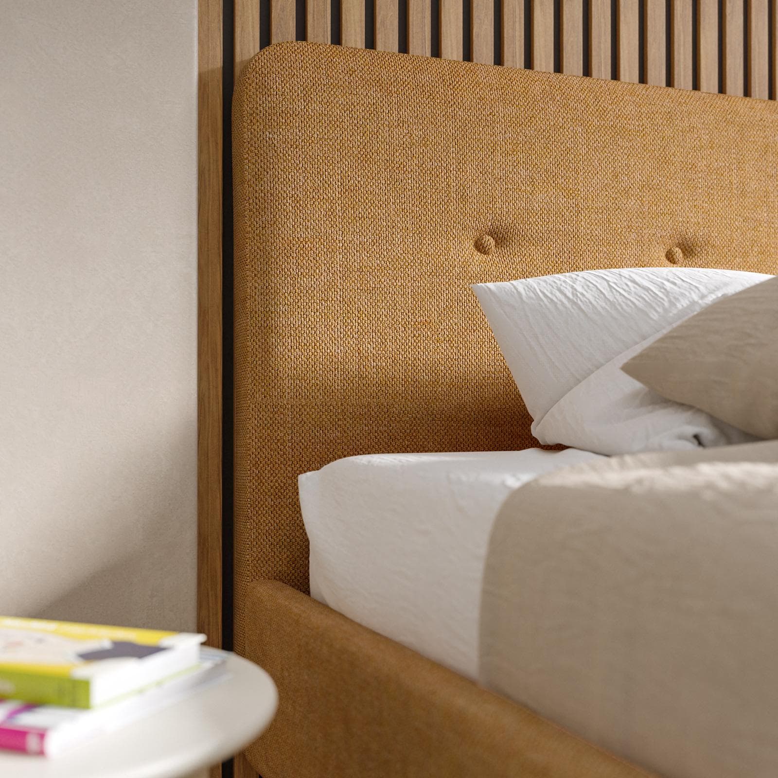 Letto matrimoniale 160x200 cm in tessuto effetto maglia giallo ocra con gambe in legno - Lasly