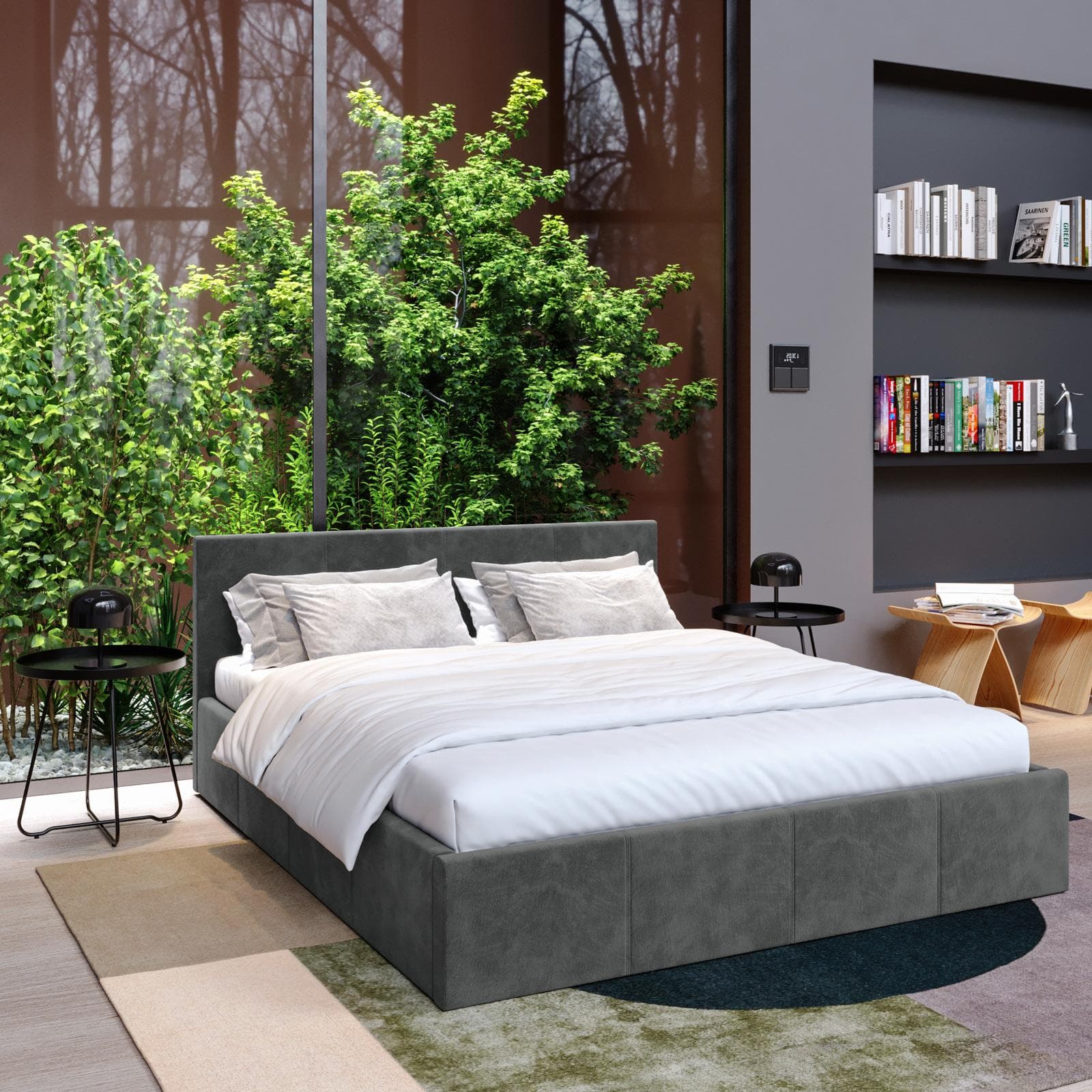 Letto matrimoniale 160x200 cm in tessuto grigio con contenitore - Joya