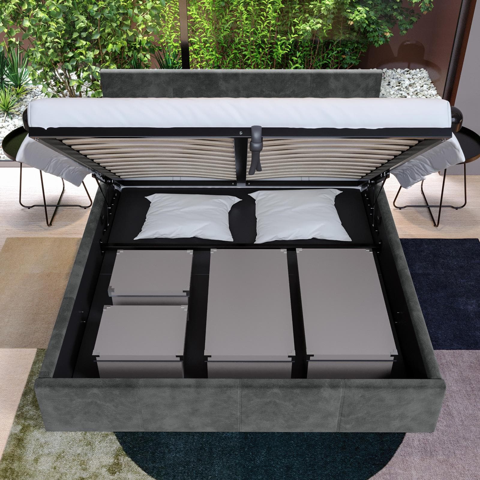Letto matrimoniale 160x200 cm in tessuto grigio con contenitore - Joya