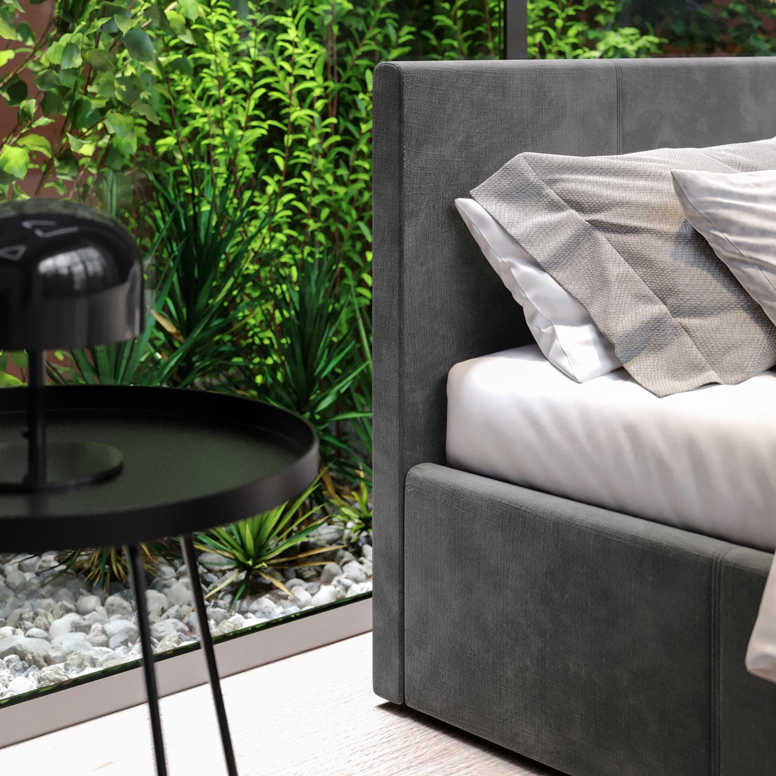 Letto matrimoniale 160x200 cm in tessuto grigio con contenitore - Joya