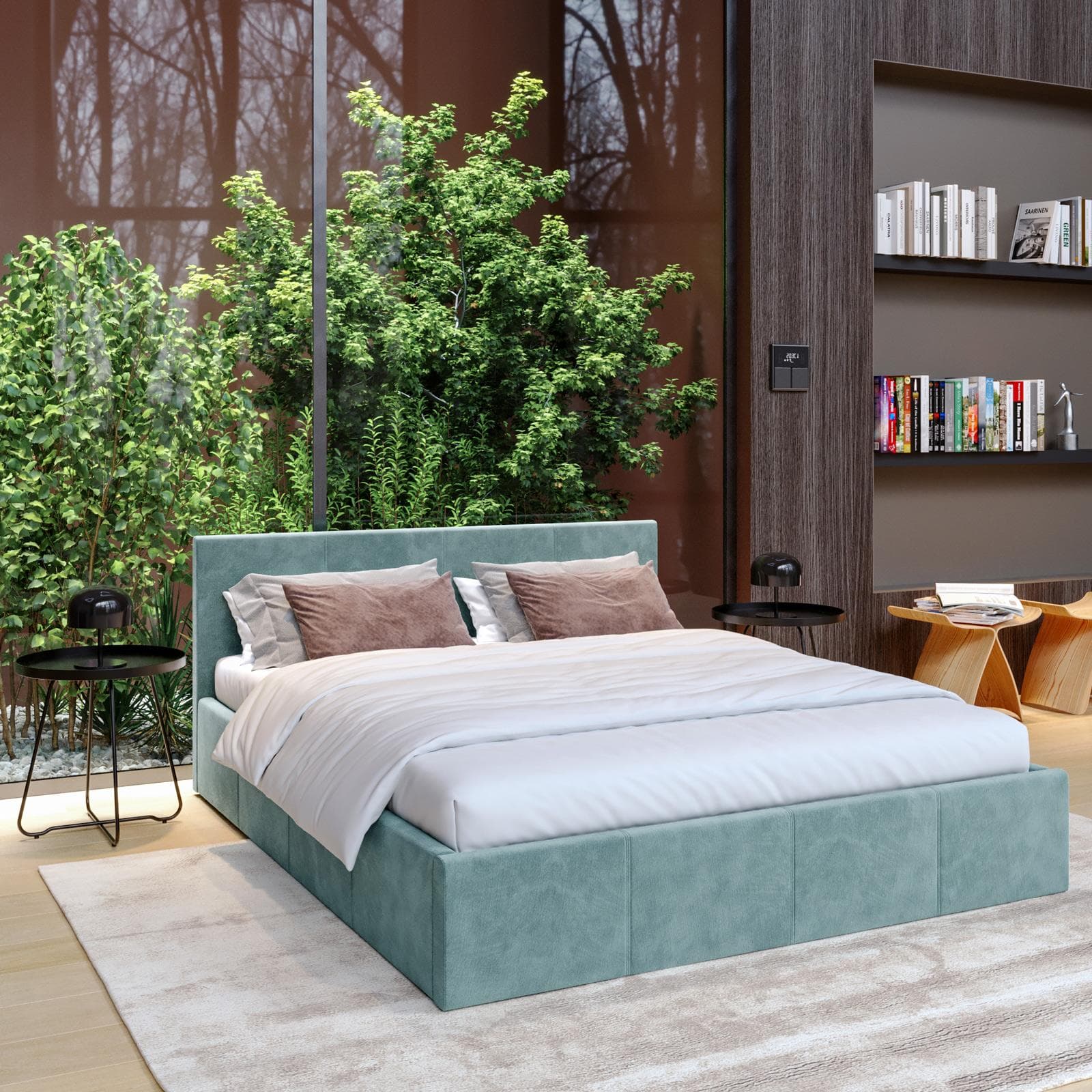 Letto matrimoniale 160x200 cm in tessuto verde con contenitore - Joya