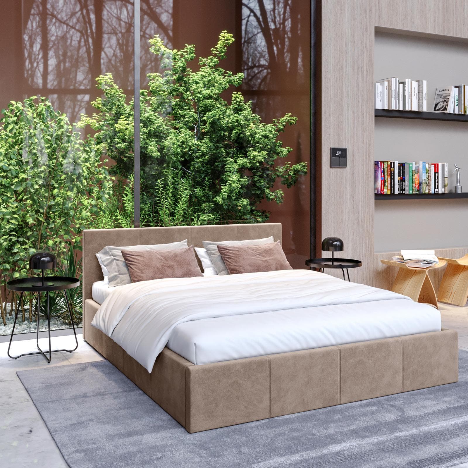 Letto matrimoniale 160x200 cm in tessuto visone beige con contenitore - Joya